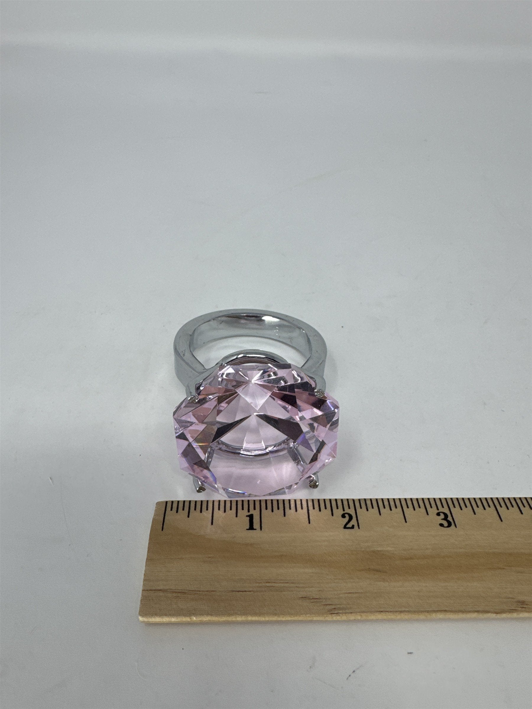 Oversized 2" Pink Faux Diamond Ring Paperweight Decor Glass Gem Silver Base