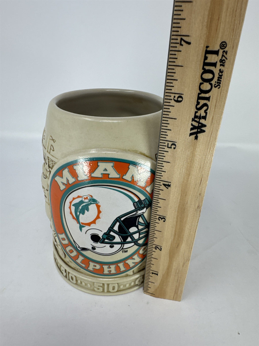 Vintage 1990s Miami Dolphins Coffee Mug 3D Embossed Crowd & Football Scene