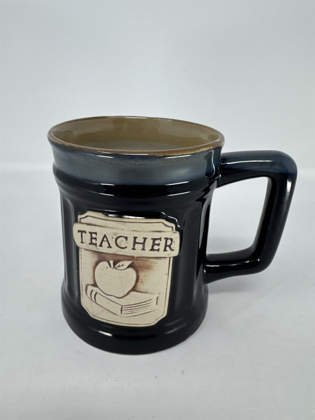Abbey Press Teacher Mug Black Stoneware Blue Drip Glaze Apple on Book