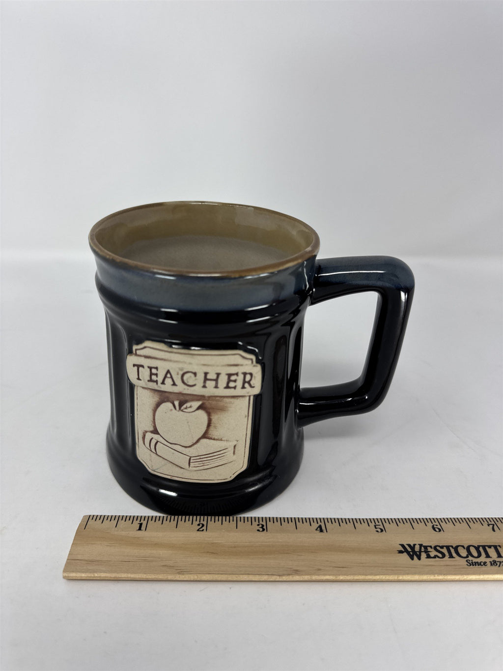 Abbey Press Teacher Mug Black Stoneware Blue Drip Glaze Apple on Book