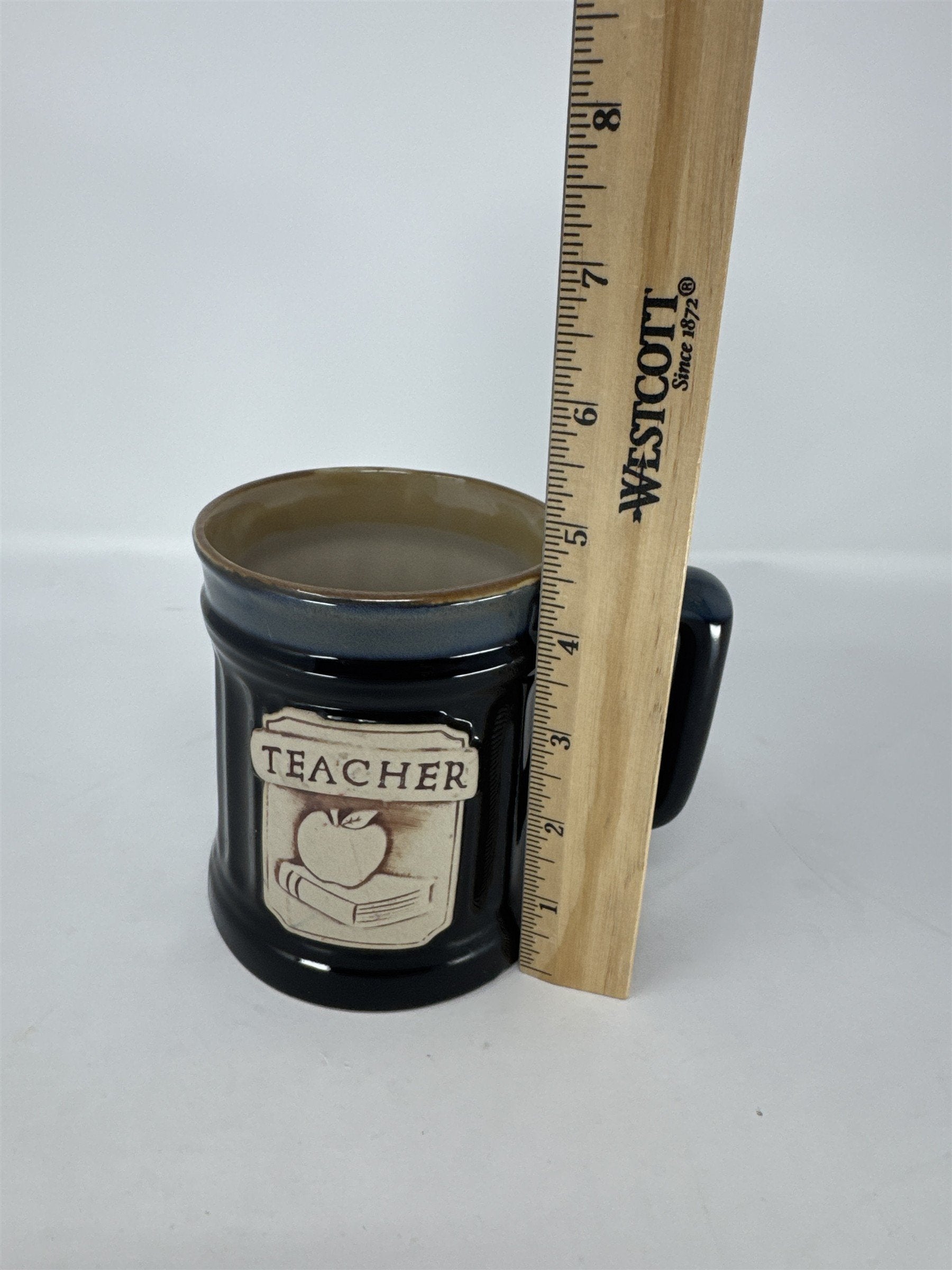Abbey Press Teacher Mug Black Stoneware Blue Drip Glaze Apple on Book