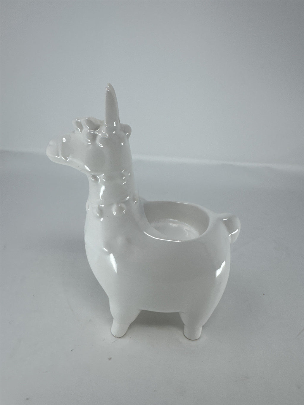White Ceramic Llama Votive Candle Holder Glazed Porcelain Figurine Planter READ