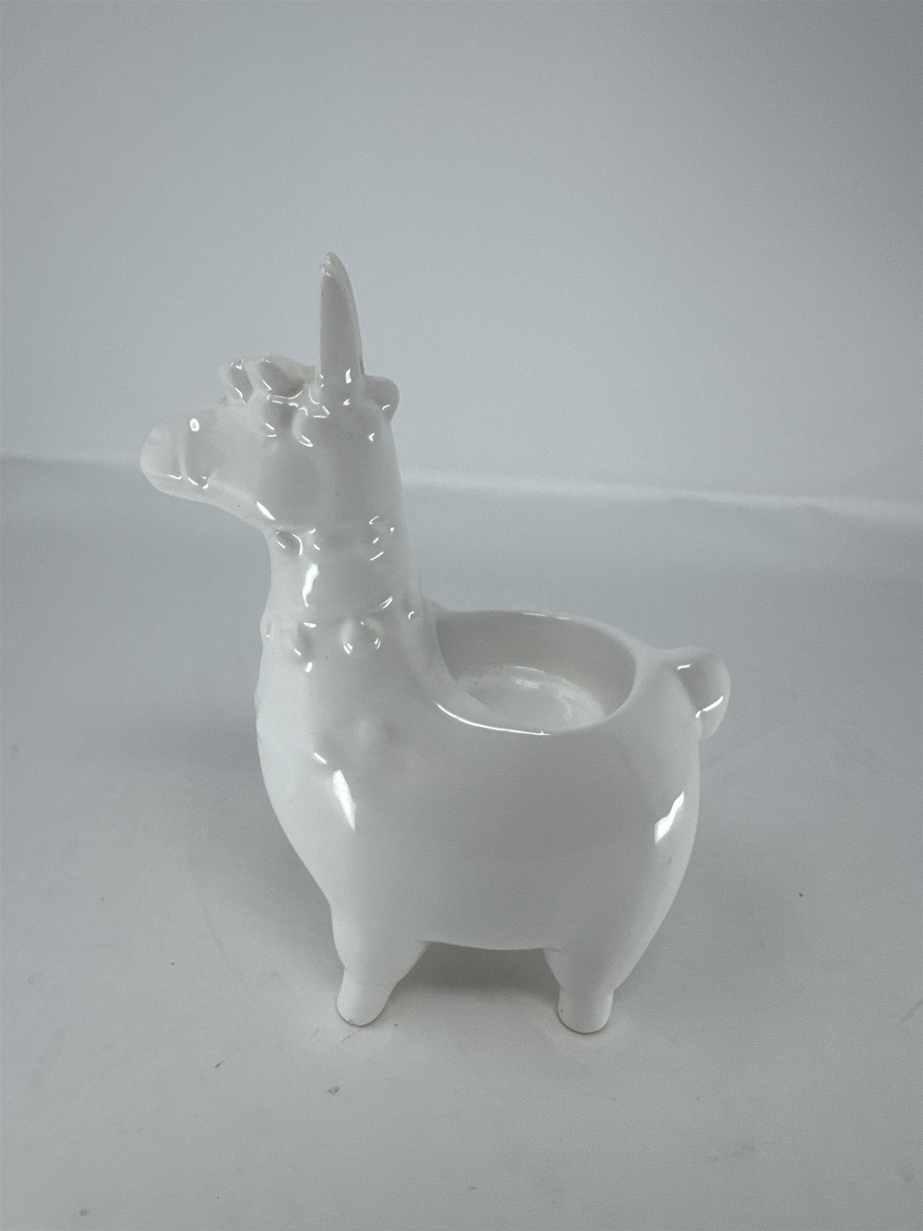 White Ceramic Llama Votive Candle Holder Glazed Porcelain Figurine Planter READ