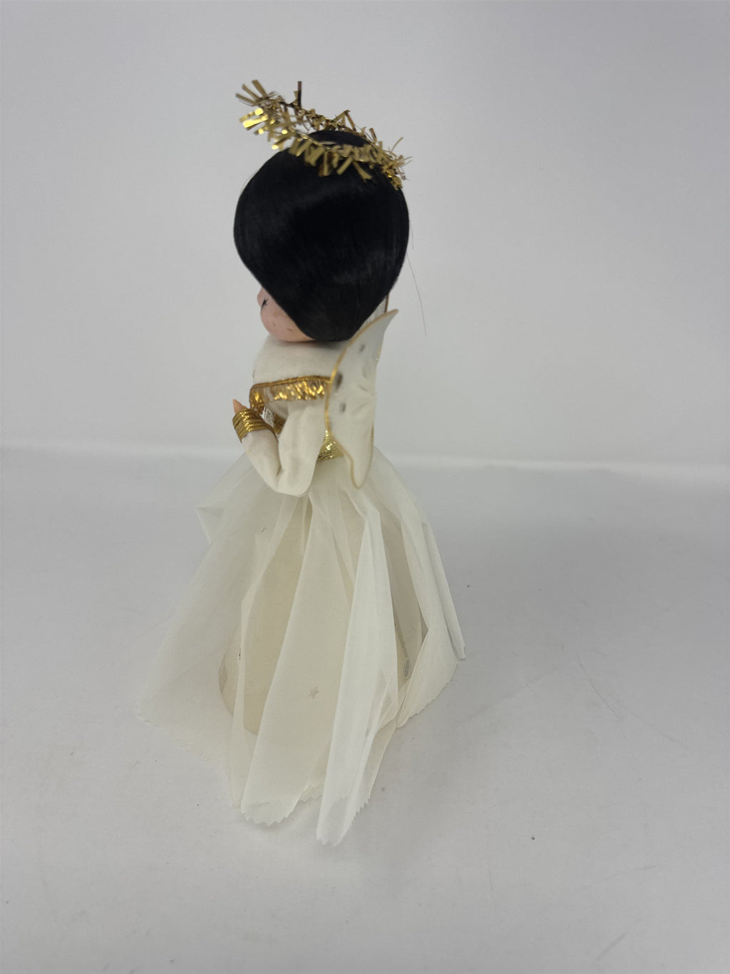 Vintage Angel Christmas Tree Topper White Gold Black Hair Tinsel Halo MCM Paper