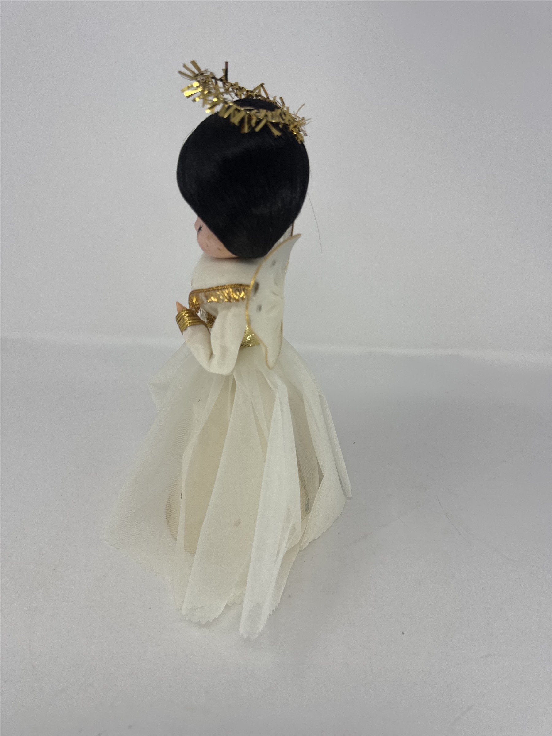 Vintage Angel Christmas Tree Topper White Gold Black Hair Tinsel Halo MCM Paper