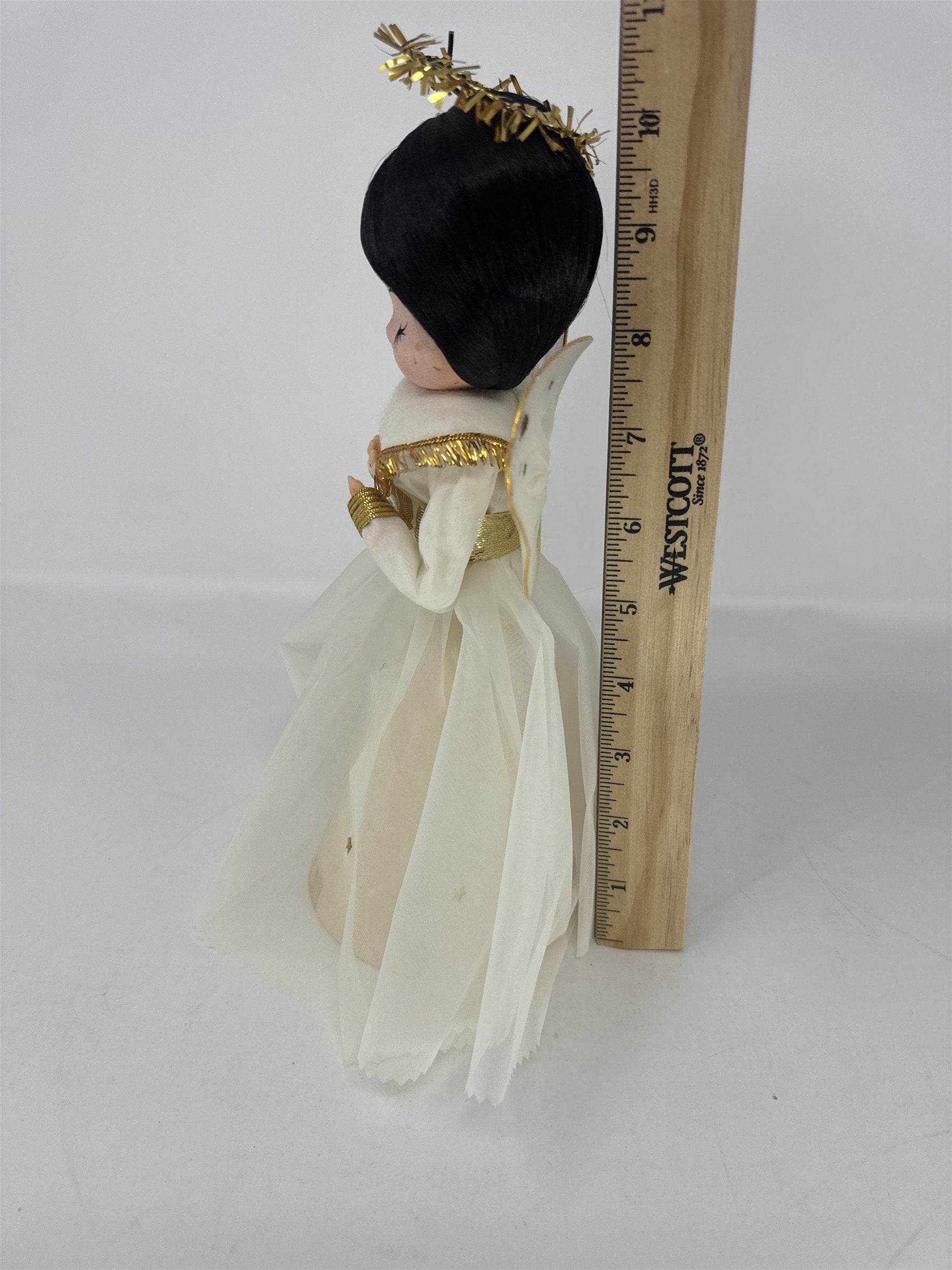 Vintage Angel Christmas Tree Topper White Gold Black Hair Tinsel Halo MCM Paper