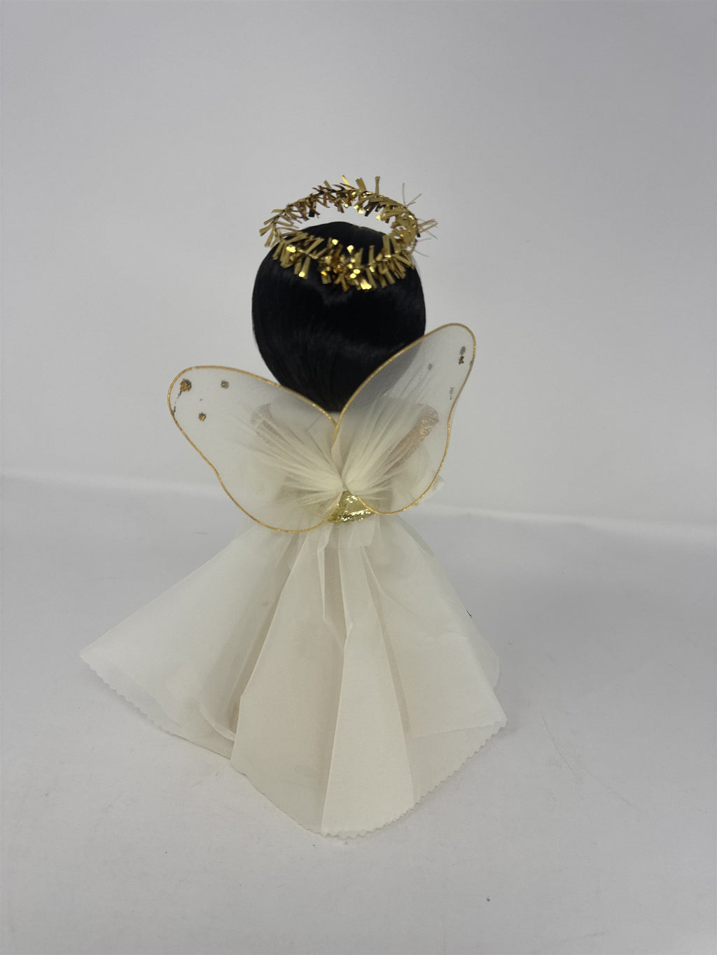 Vintage Angel Christmas Tree Topper White Gold Black Hair Tinsel Halo MCM Paper