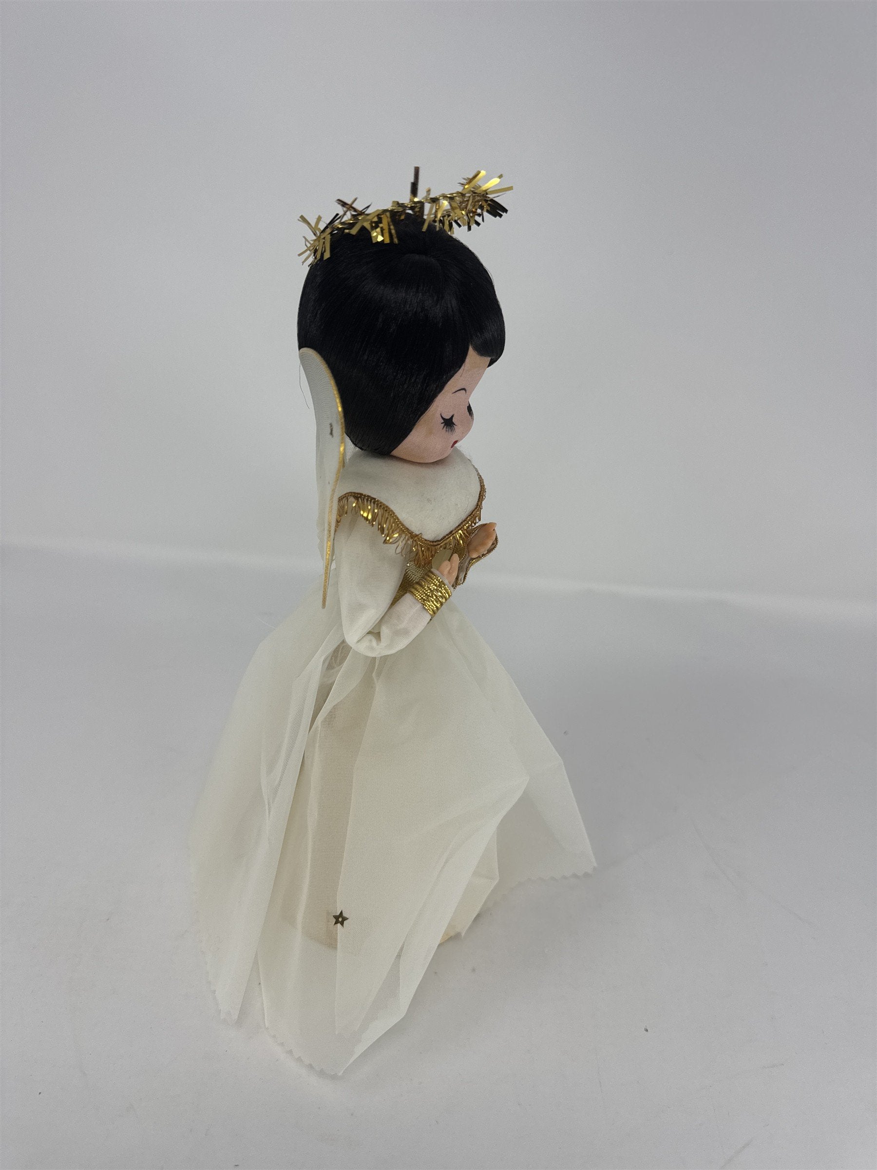 Vintage Angel Christmas Tree Topper White Gold Black Hair Tinsel Halo MCM Paper