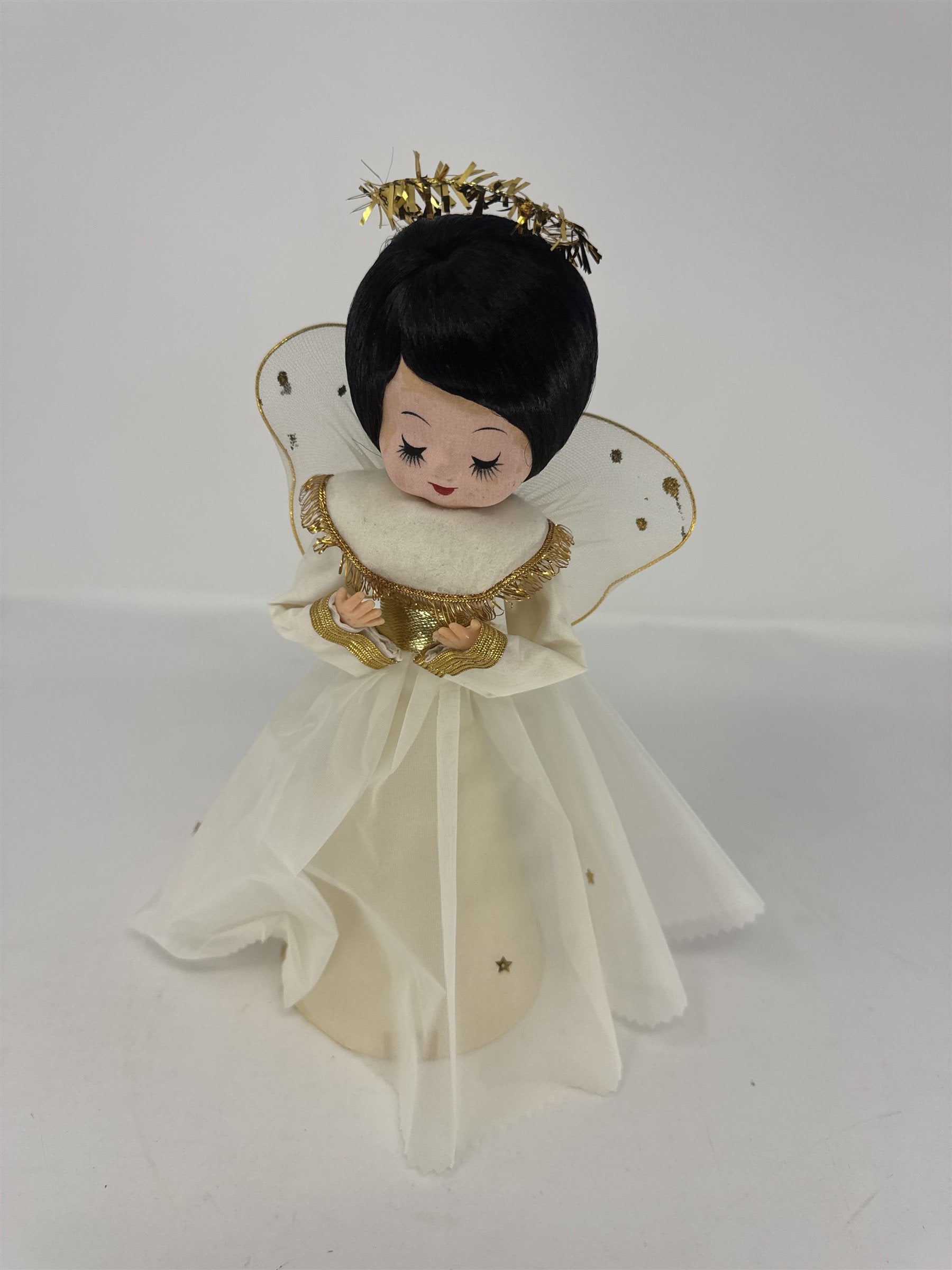 Vintage Angel Christmas Tree Topper White Gold Black Hair Tinsel Halo MCM Paper