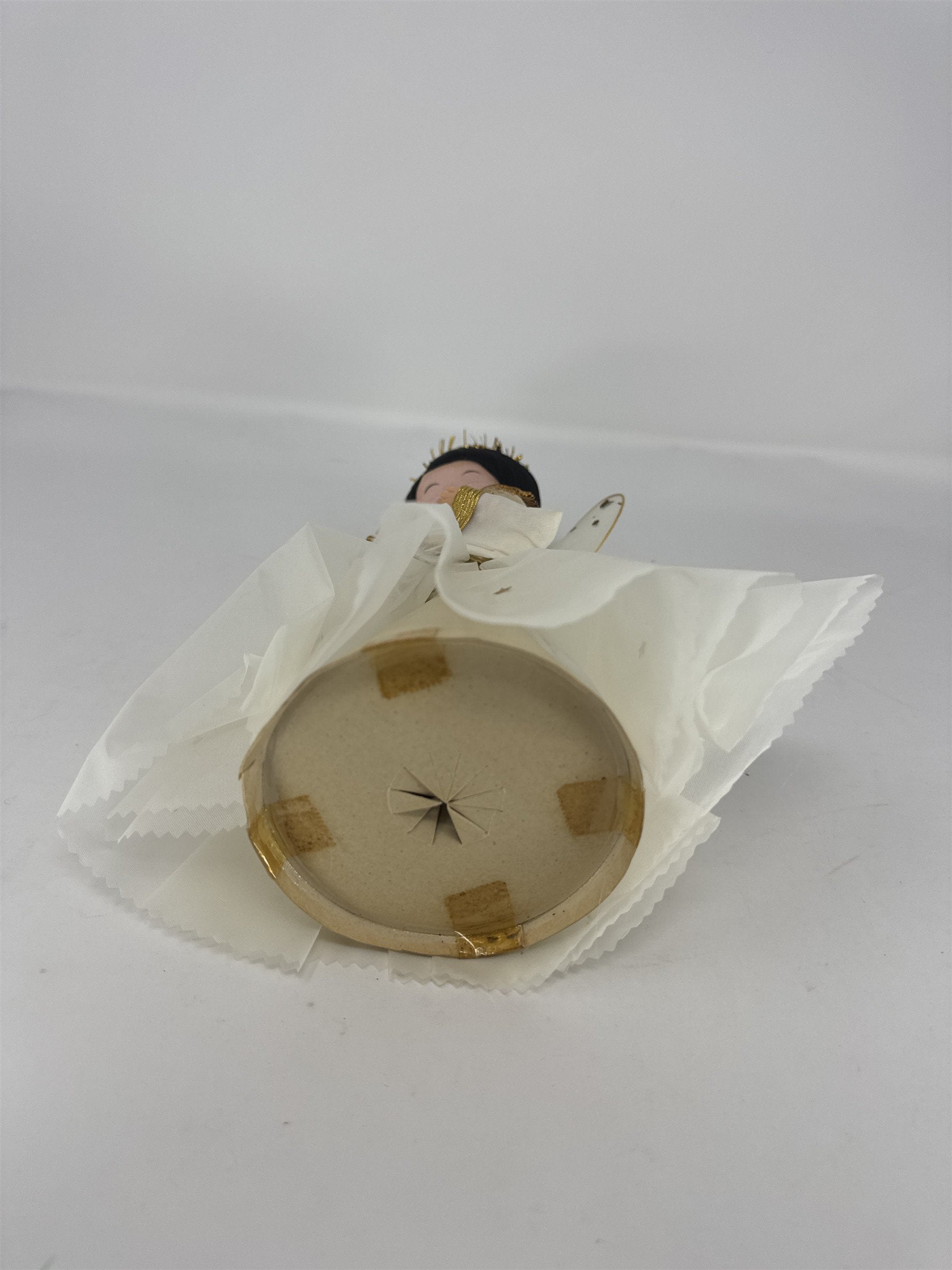 Vintage Angel Christmas Tree Topper White Gold Black Hair Tinsel Halo MCM Paper