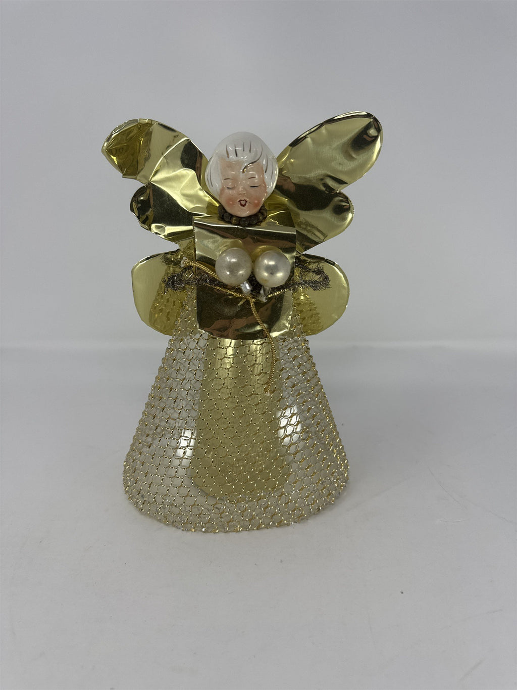 Vintage Holt Howard Ceramic Angel Tree Topper Gold Foil Wings Mesh Netting MCM