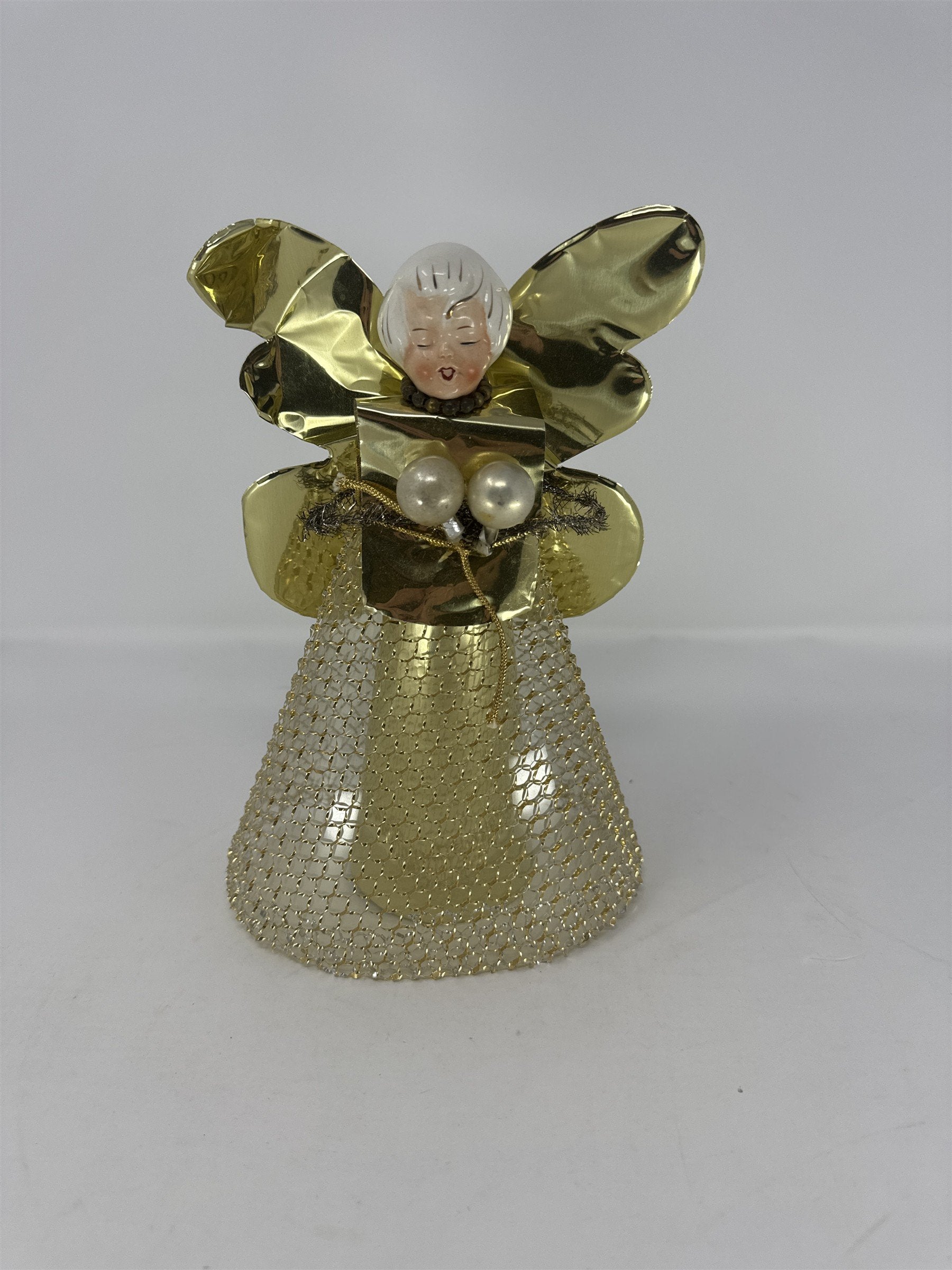 Vintage Holt Howard Ceramic Angel Tree Topper Gold Foil Wings Mesh Netting MCM