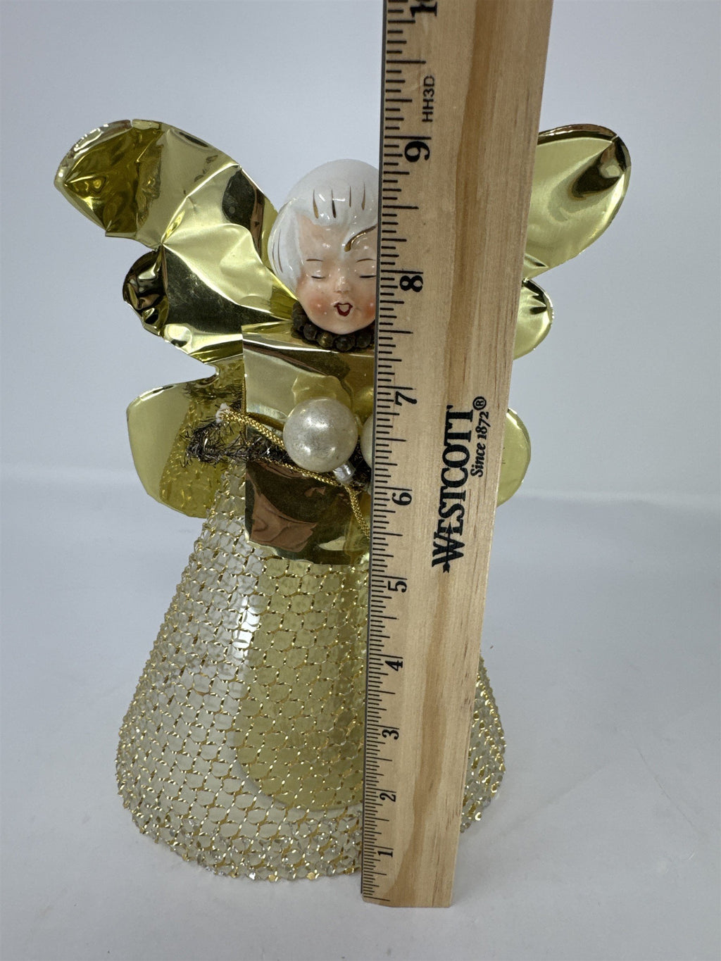Vintage Holt Howard Ceramic Angel Tree Topper Gold Foil Wings Mesh Netting MCM