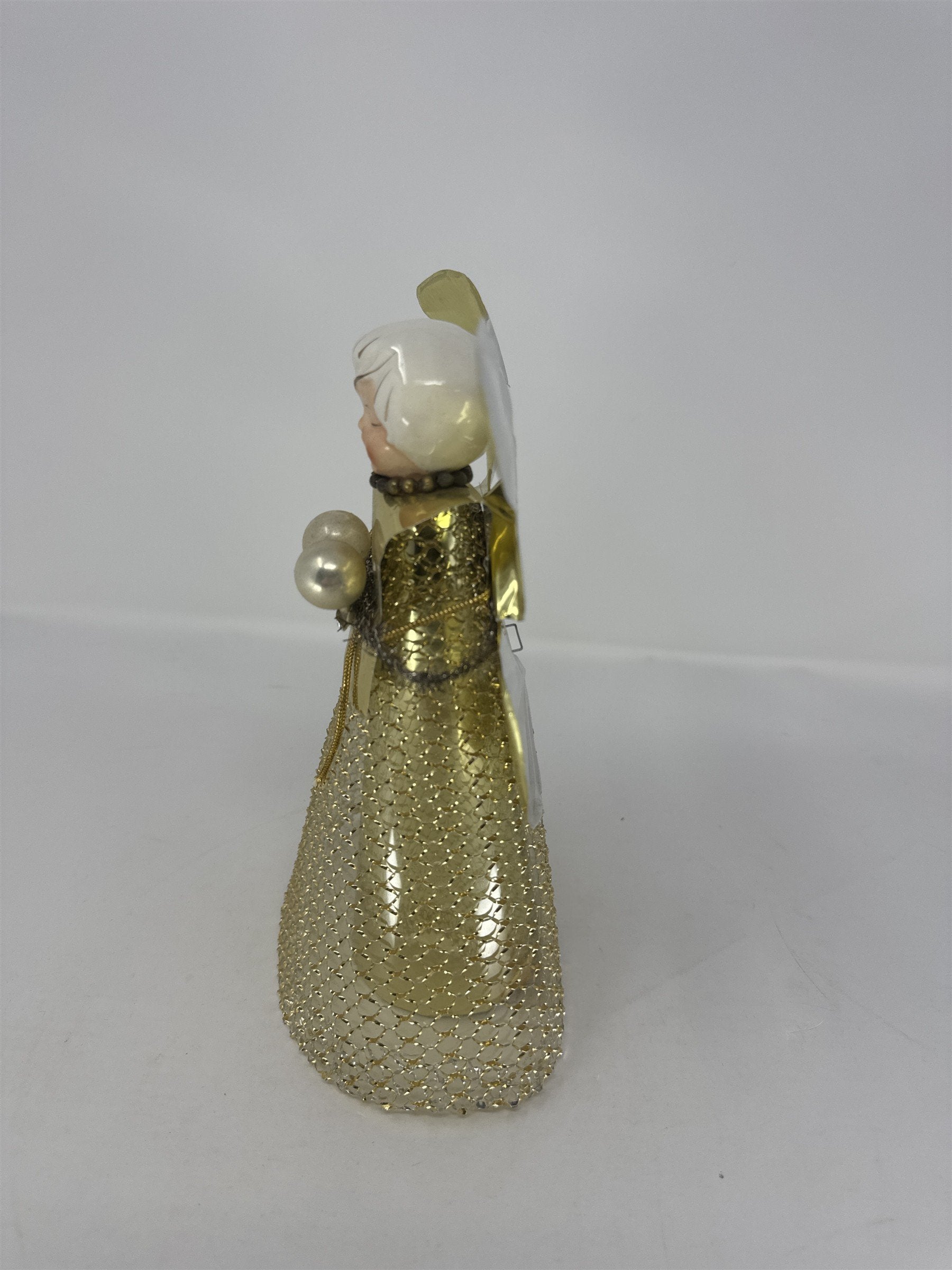 Vintage Holt Howard Ceramic Angel Tree Topper Gold Foil Wings Mesh Netting MCM