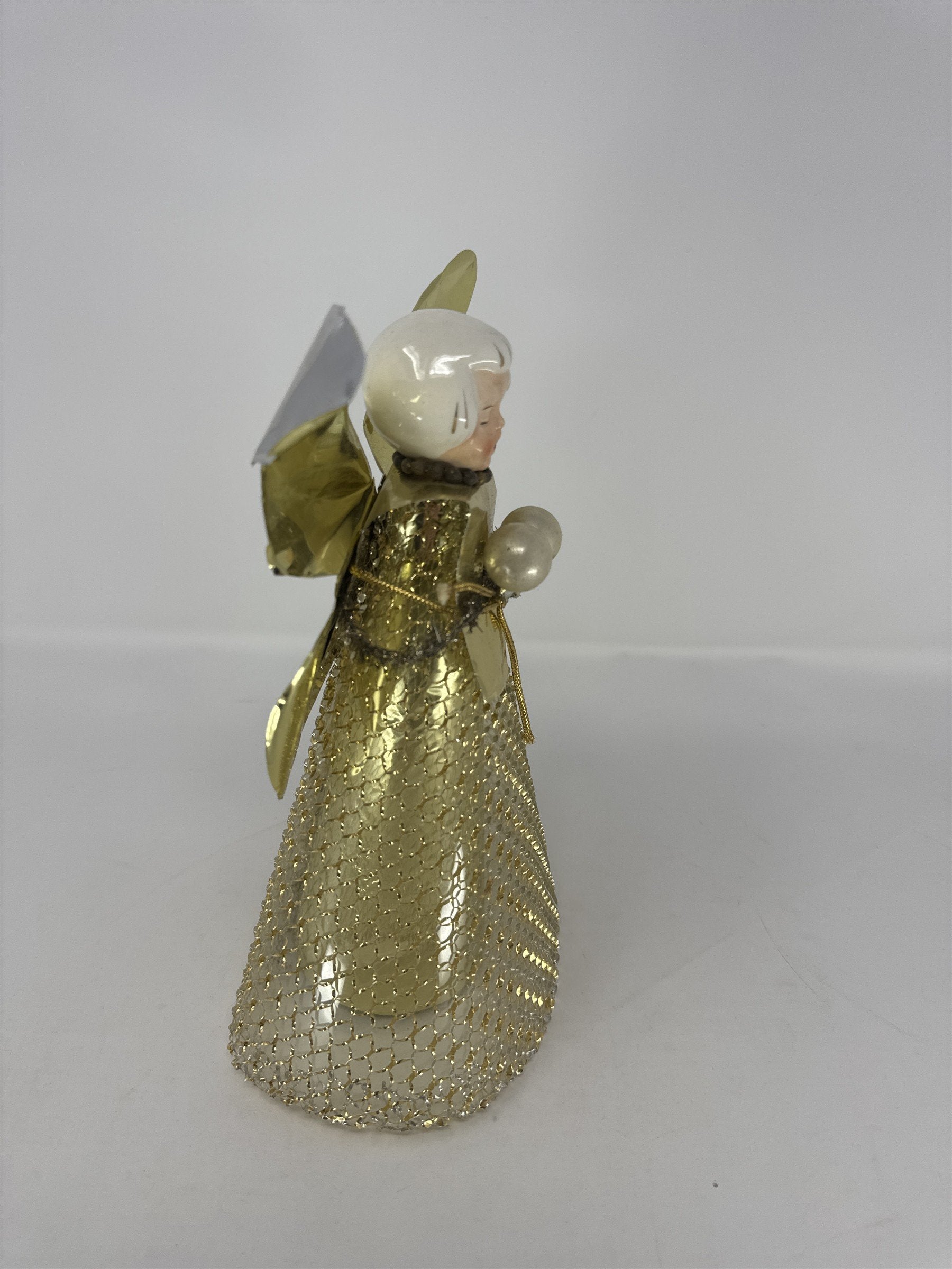 Vintage Holt Howard Ceramic Angel Tree Topper Gold Foil Wings Mesh Netting MCM