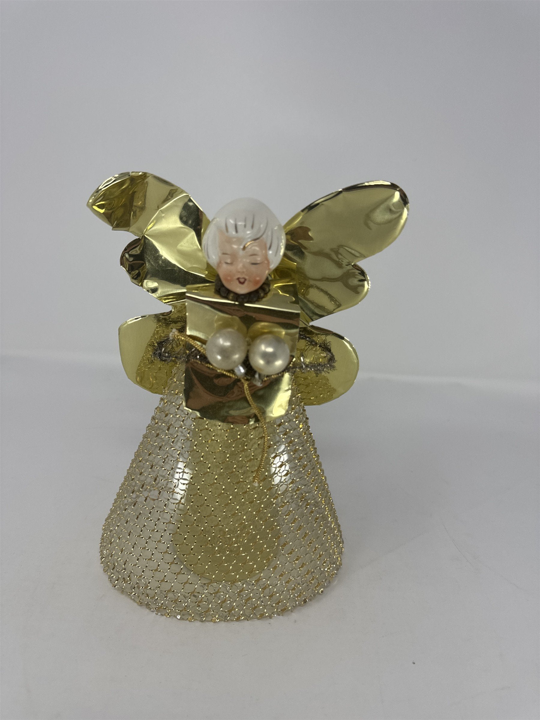 Vintage Holt Howard Ceramic Angel Tree Topper Gold Foil Wings Mesh Netting MCM