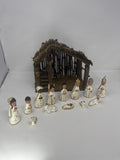 Mexican Folk Art Nativity Set 13pc Pottery Figures & Wood Stable Hand Painted