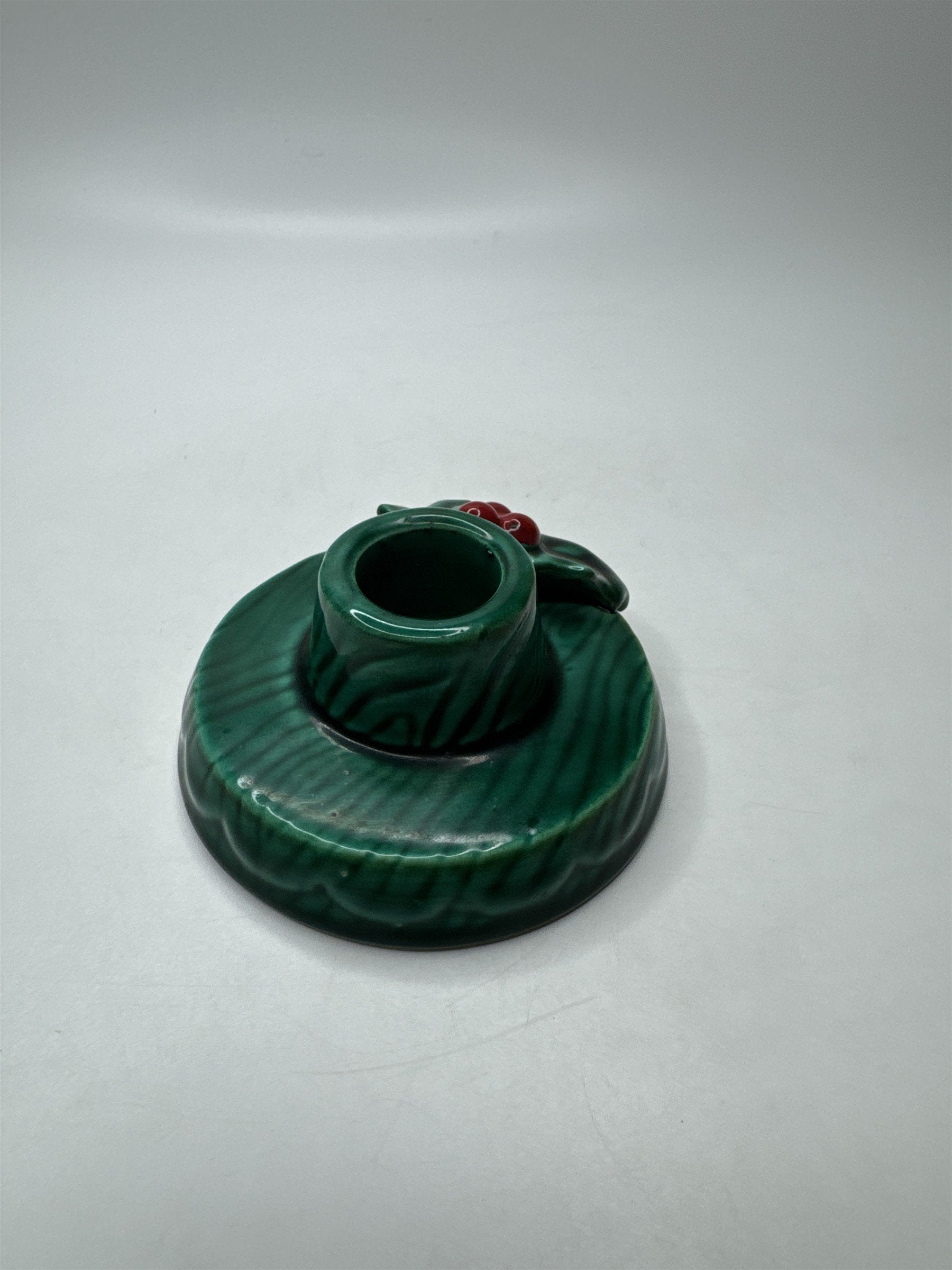 Vintage Lefton Holly Berry Ceramic Candle Holder Christmas Wreath Green Red