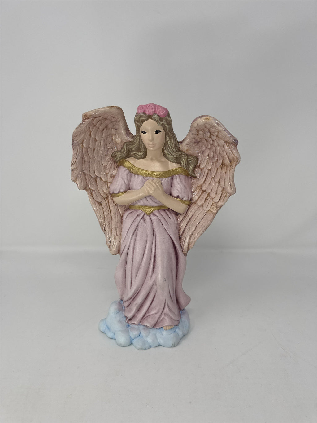 Vintage Pink Angel Hand on Heart Gratitude Angel Figurine Metallic Wings Glitter