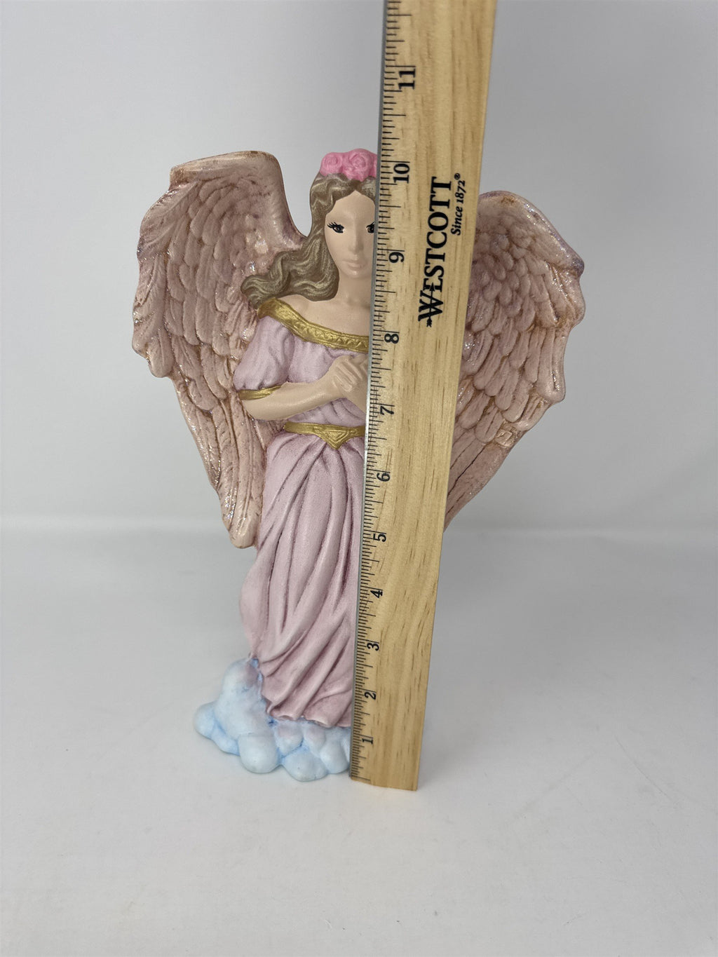 Vintage Pink Angel Hand on Heart Gratitude Angel Figurine Metallic Wings Glitter