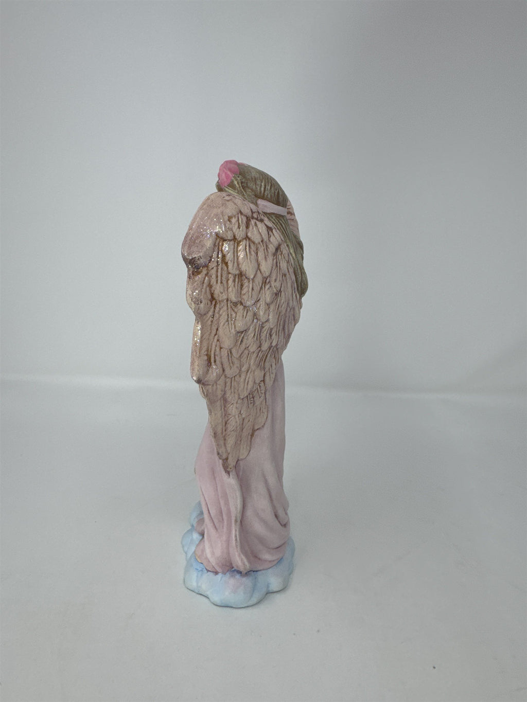 Vintage Pink Angel Hand on Heart Gratitude Angel Figurine Metallic Wings Glitter