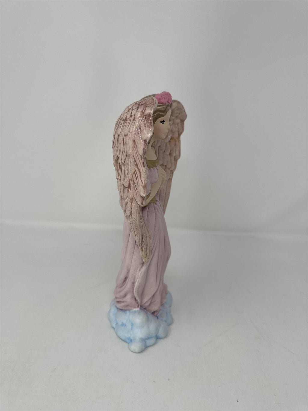 Vintage Pink Angel Hand on Heart Gratitude Angel Figurine Metallic Wings Glitter