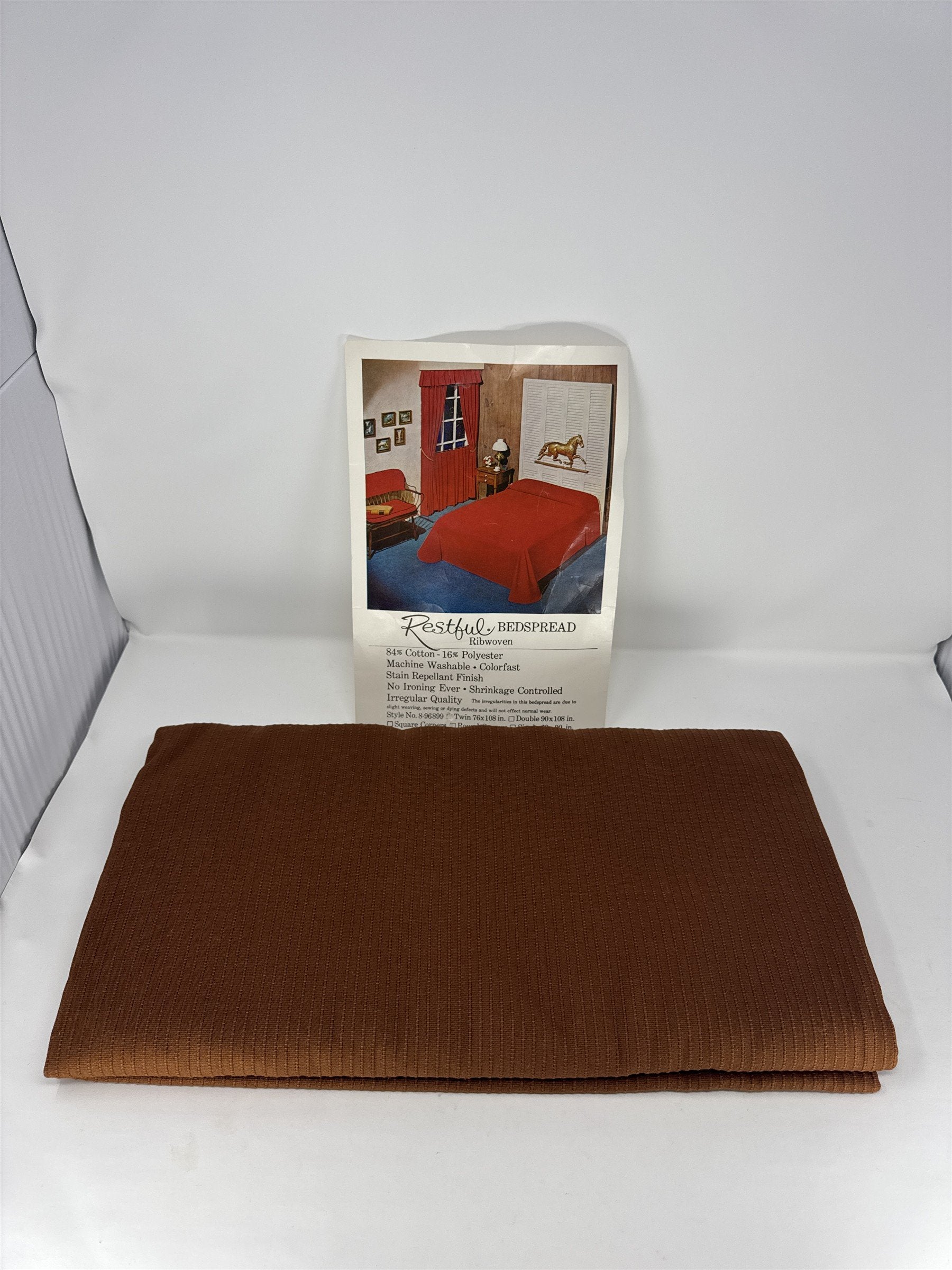 Vtg Restful Twin Bedspread Ribwoven Brown Rust Round Corners Cotton Blend USA MC