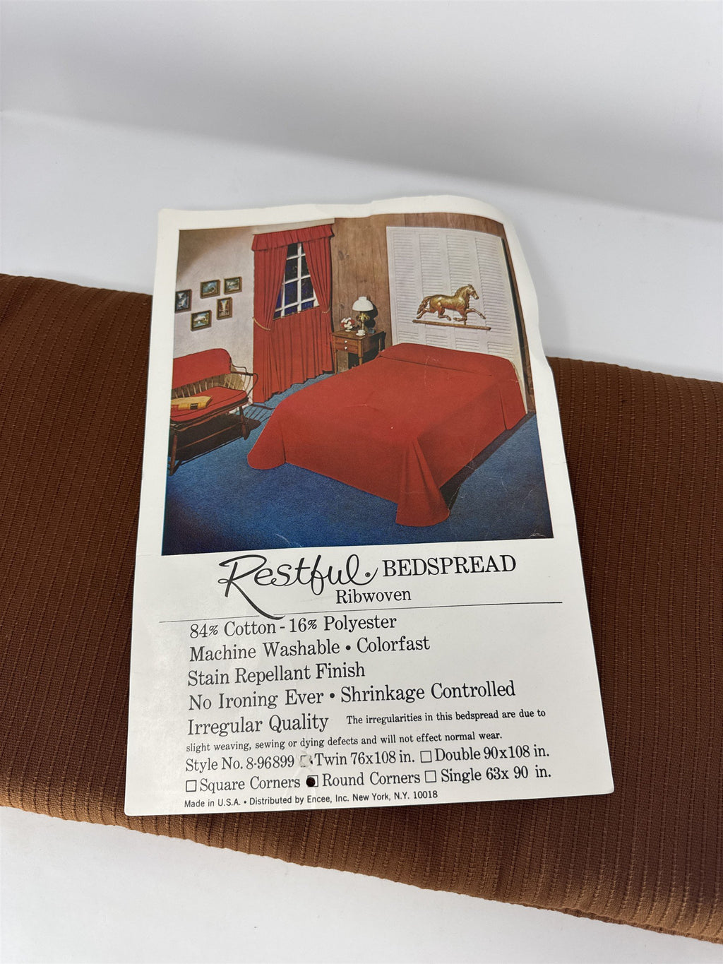 Vtg Restful Twin Bedspread Ribwoven Brown Rust Round Corners Cotton Blend USA MC