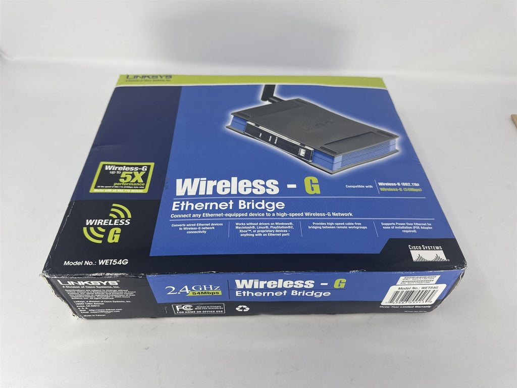 Linksys WET54G Wireless-G Ethernet Bridge 54Mbps 2.4GHz 802.11g WiFi Adapter
