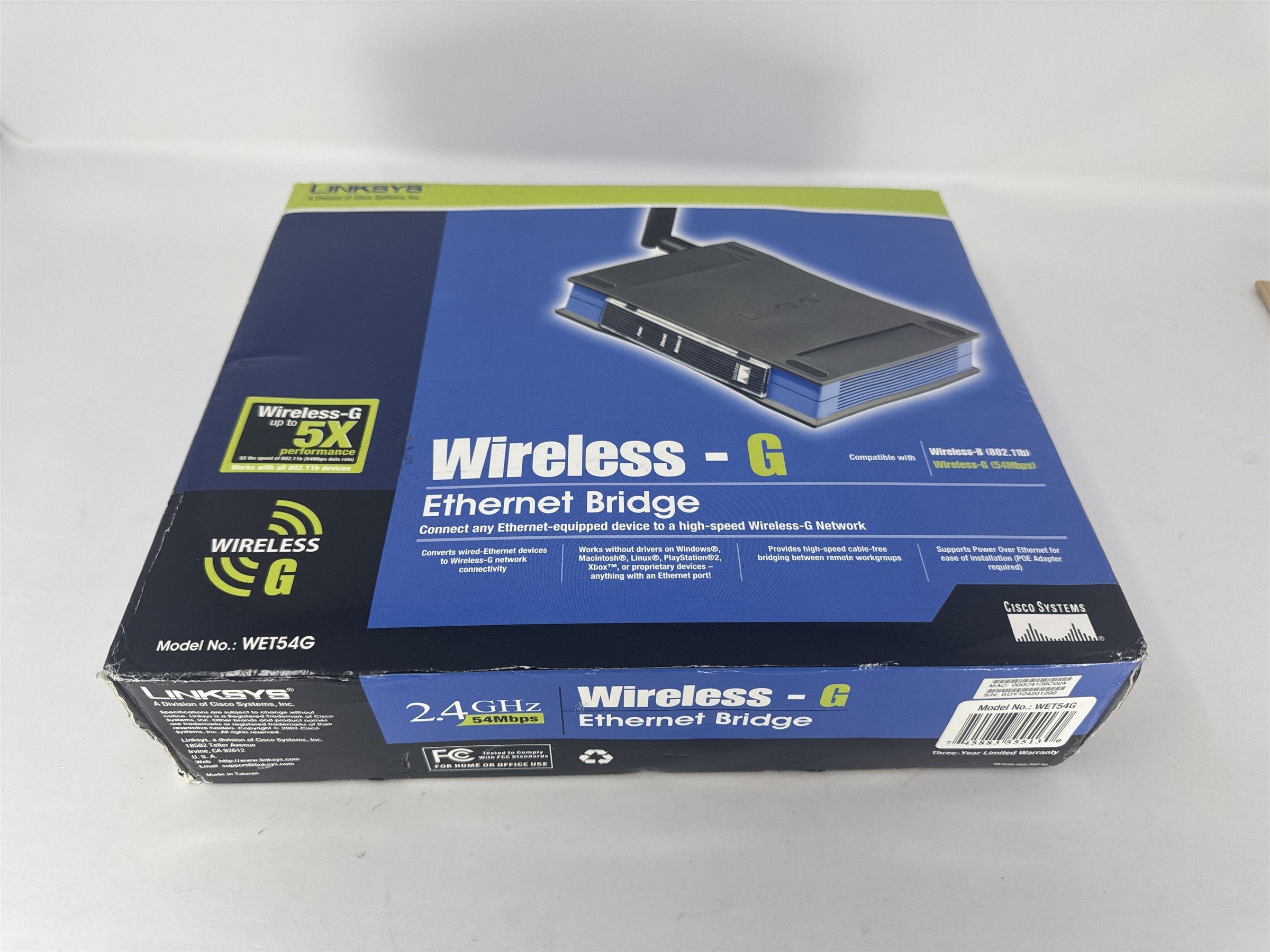 Linksys WET54G Wireless-G Ethernet Bridge 54Mbps 2.4GHz 802.11g WiFi Adapter