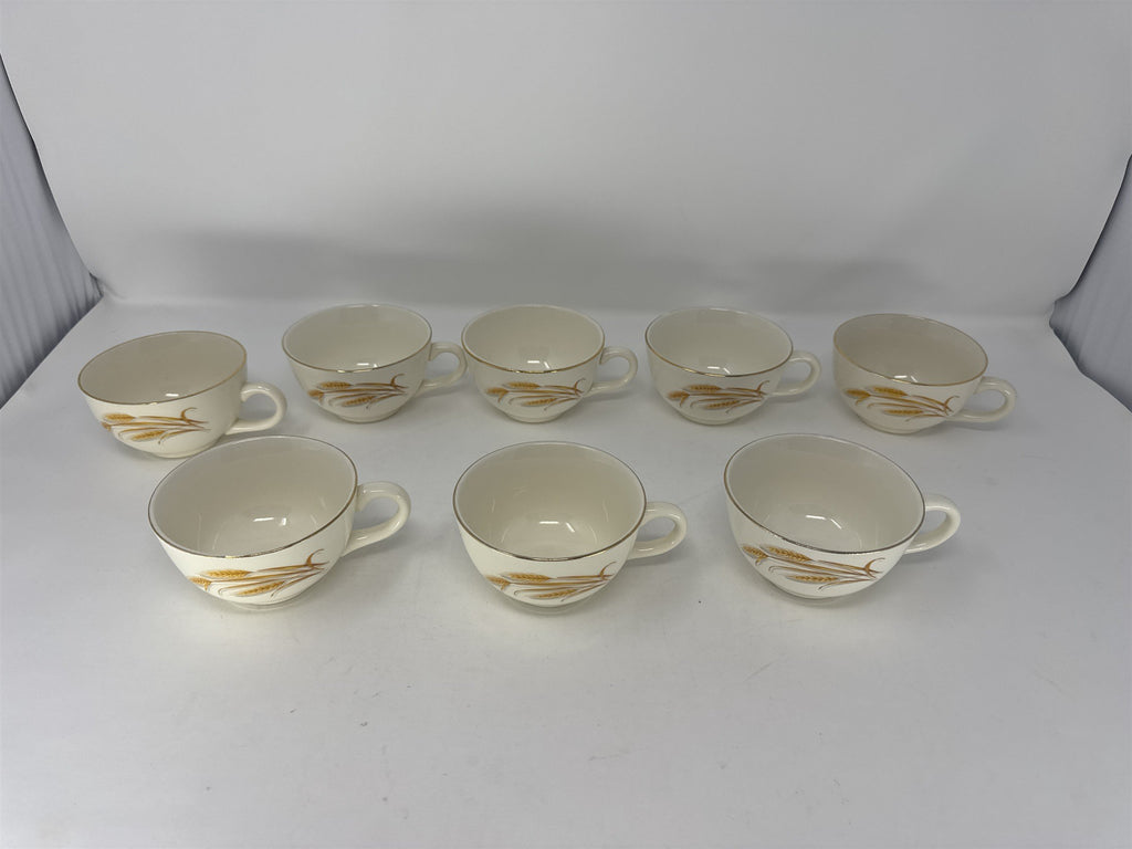 Set of 8 Vtg Homer Laughlin Golden Wheat Gold Trim Coffee Cups Teacups MCM