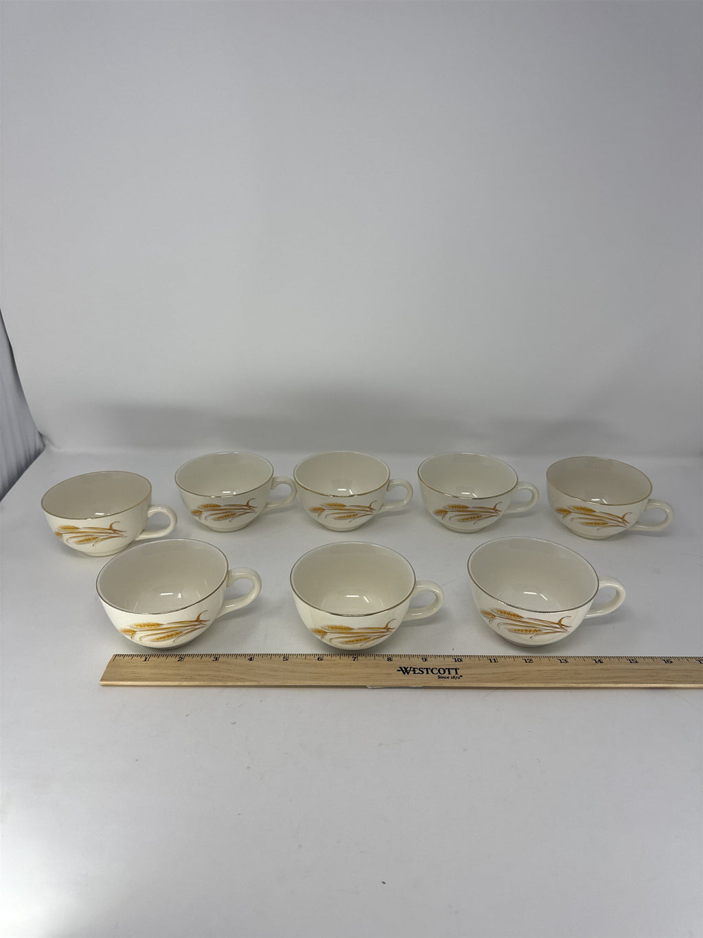 Set of 8 Vtg Homer Laughlin Golden Wheat Gold Trim Coffee Cups Teacups MCM
