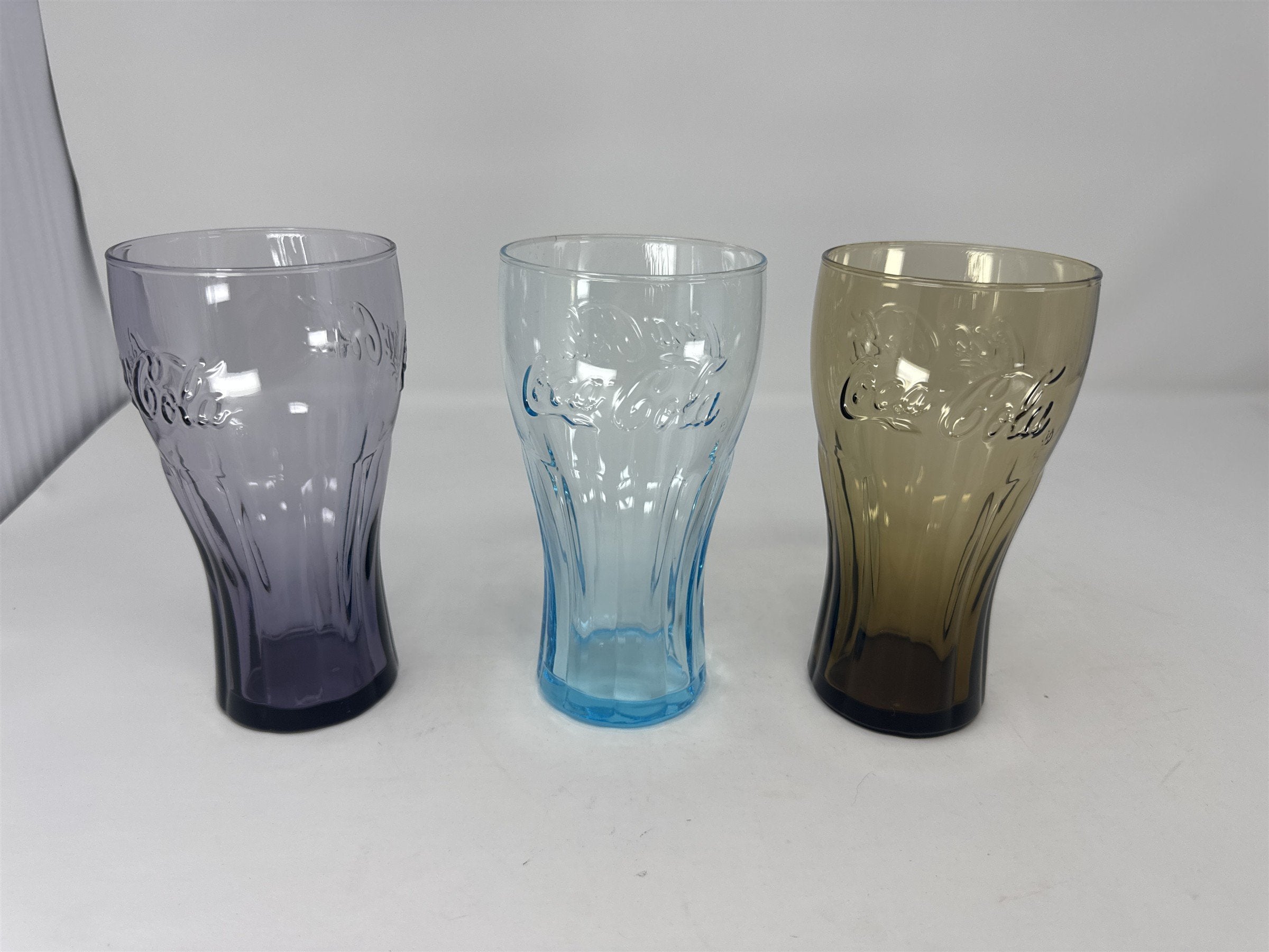 3x Coca Cola Coke Colored Glasses 6" Tall Drinking Glass McDonalds Vintage Promo