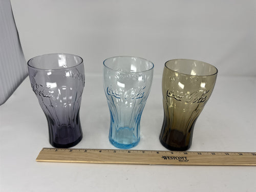 3x Coca Cola Coke Colored Glasses 6" Tall Drinking Glass McDonalds Vintage Promo