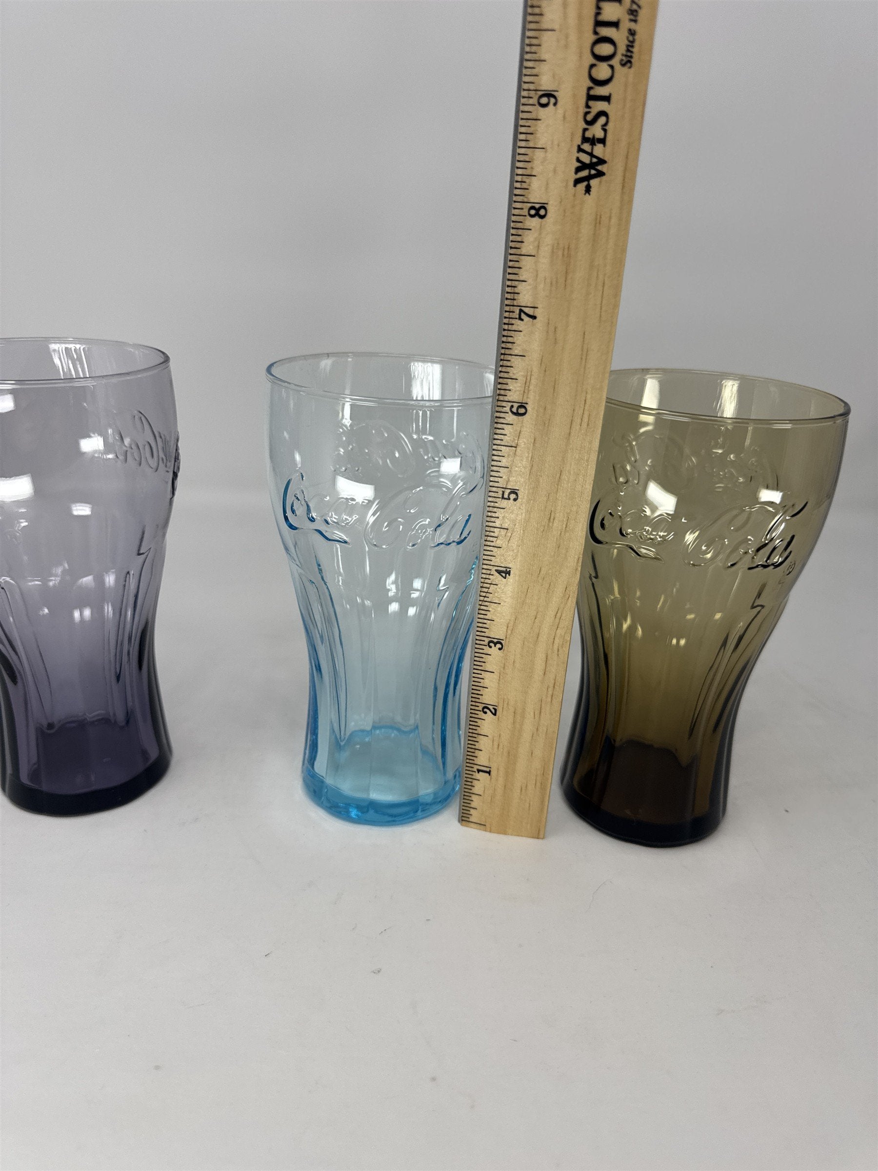 3x Coca Cola Coke Colored Glasses 6" Tall Drinking Glass McDonalds Vintage Promo