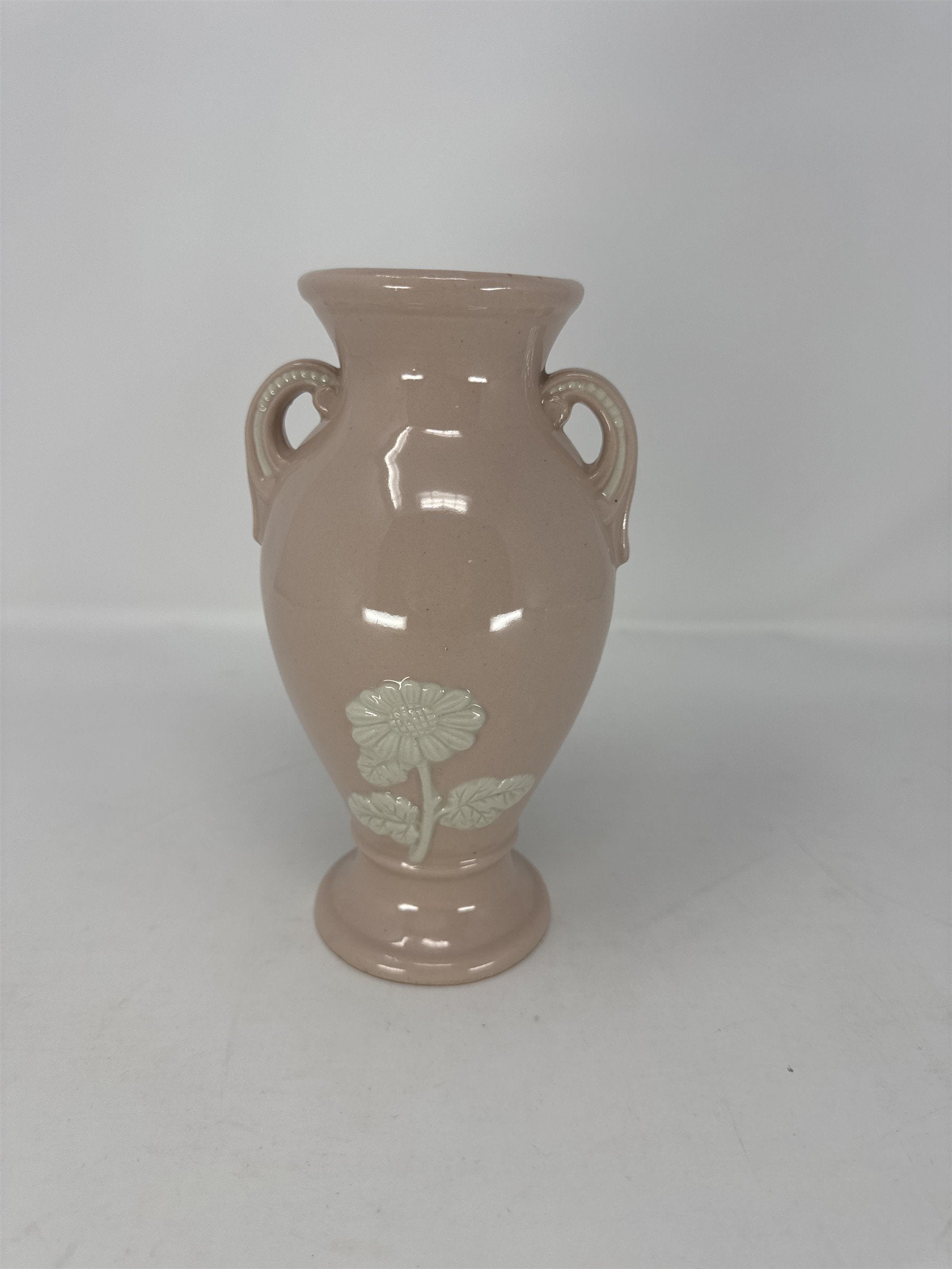 Vtg Pink Japan Footed Vase Double Handle Floral Hand Painted Table Vase