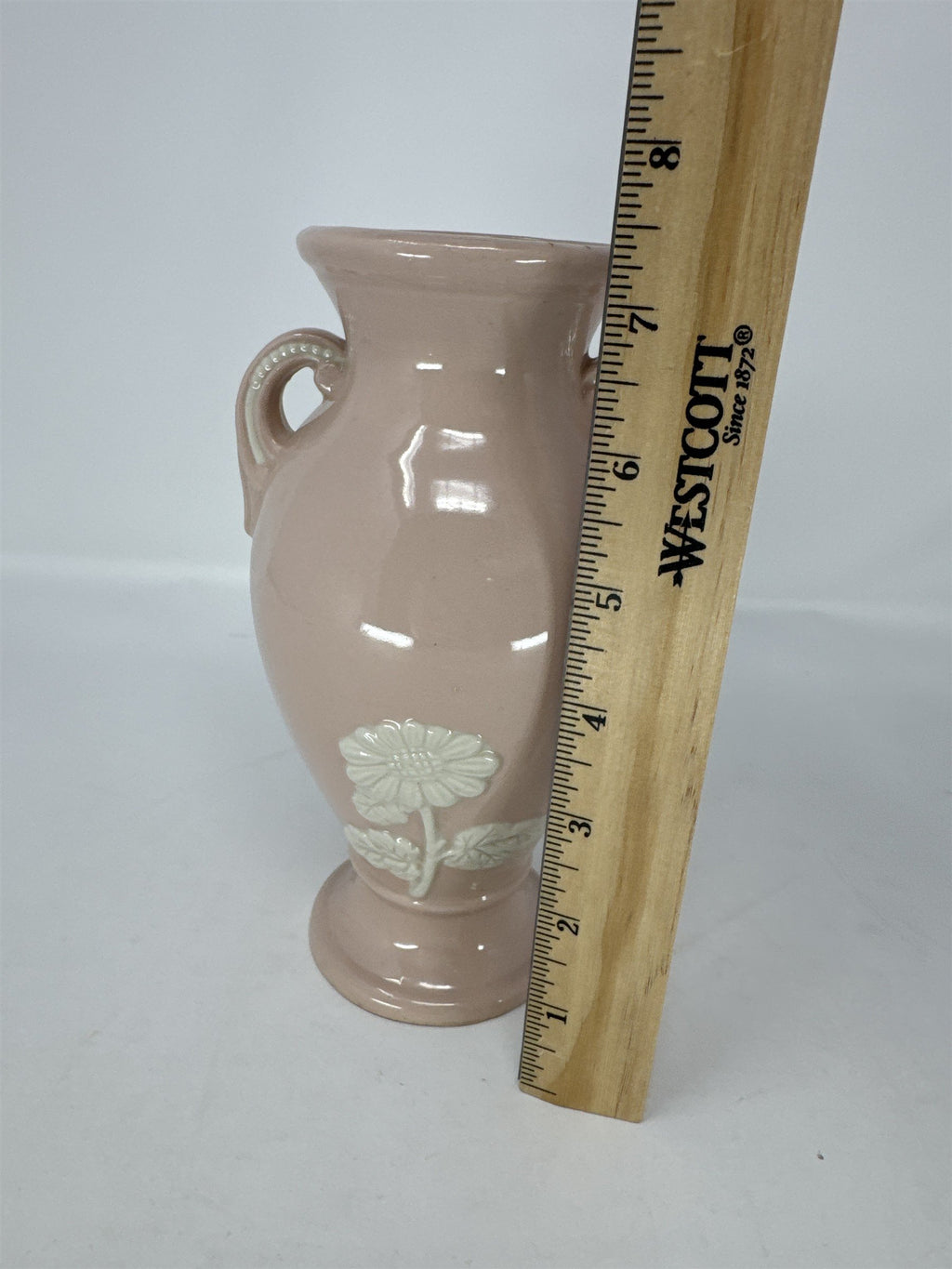 Vtg Pink Japan Footed Vase Double Handle Floral Hand Painted Table Vase