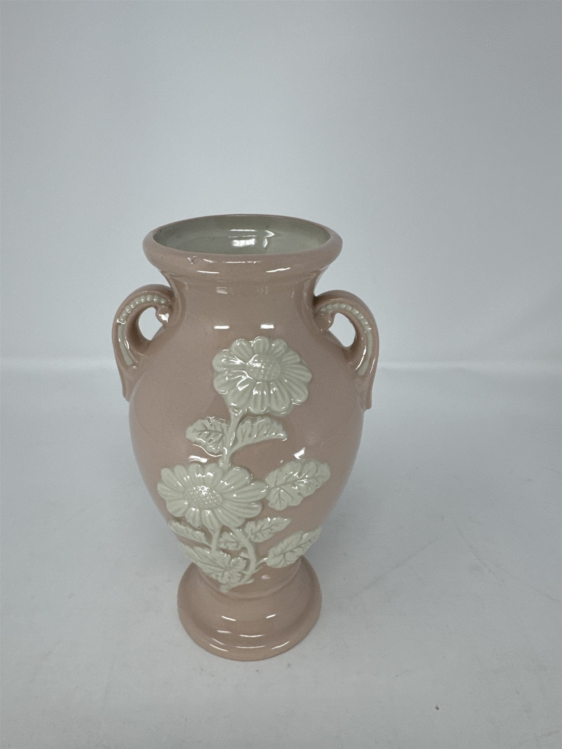 Vtg Pink Japan Footed Vase Double Handle Floral Hand Painted Table Vase