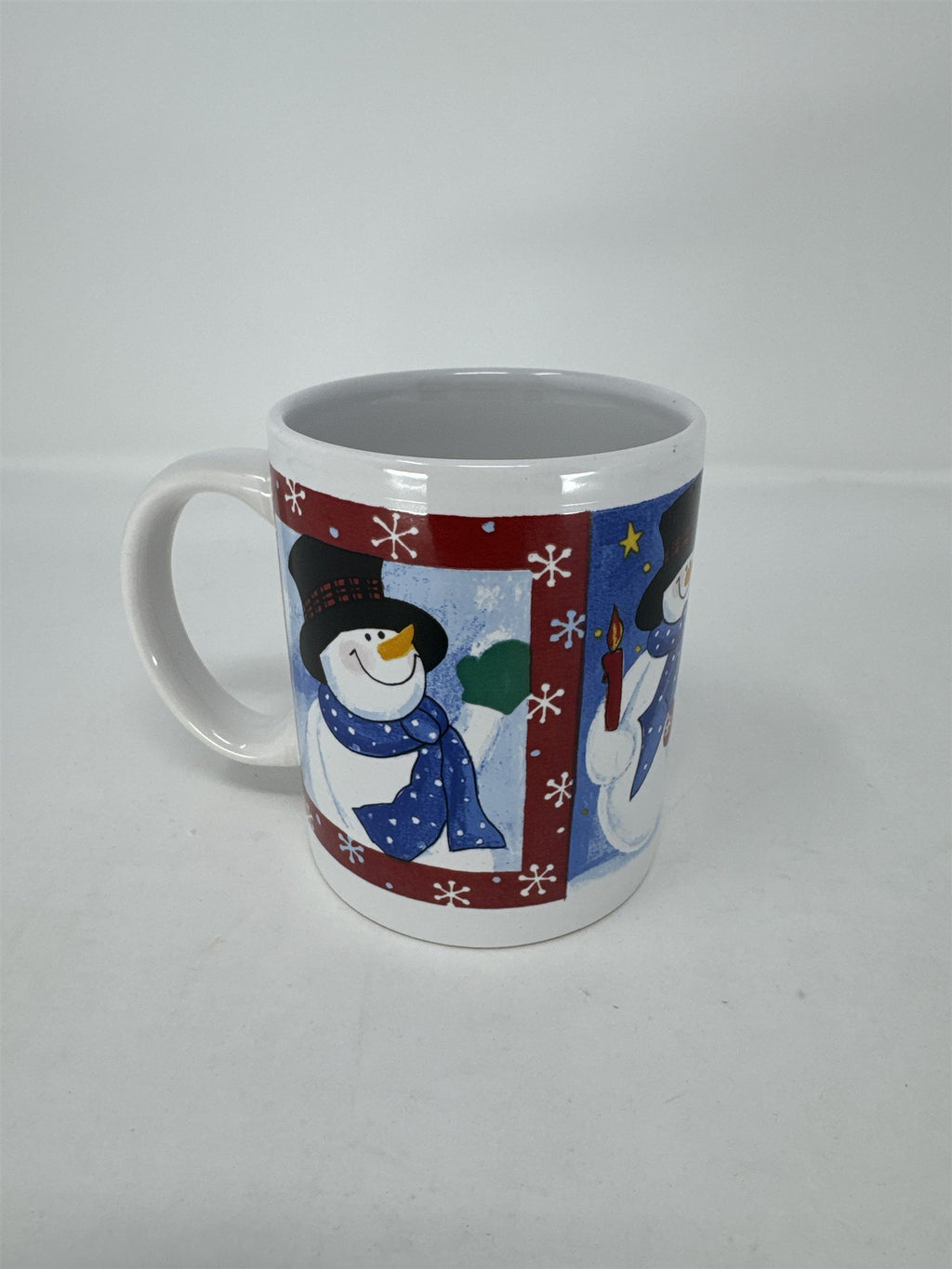 Vtg Snowman Coffee Mug Ceramic Top Hat Green Scarf Handle Christmas Holiday