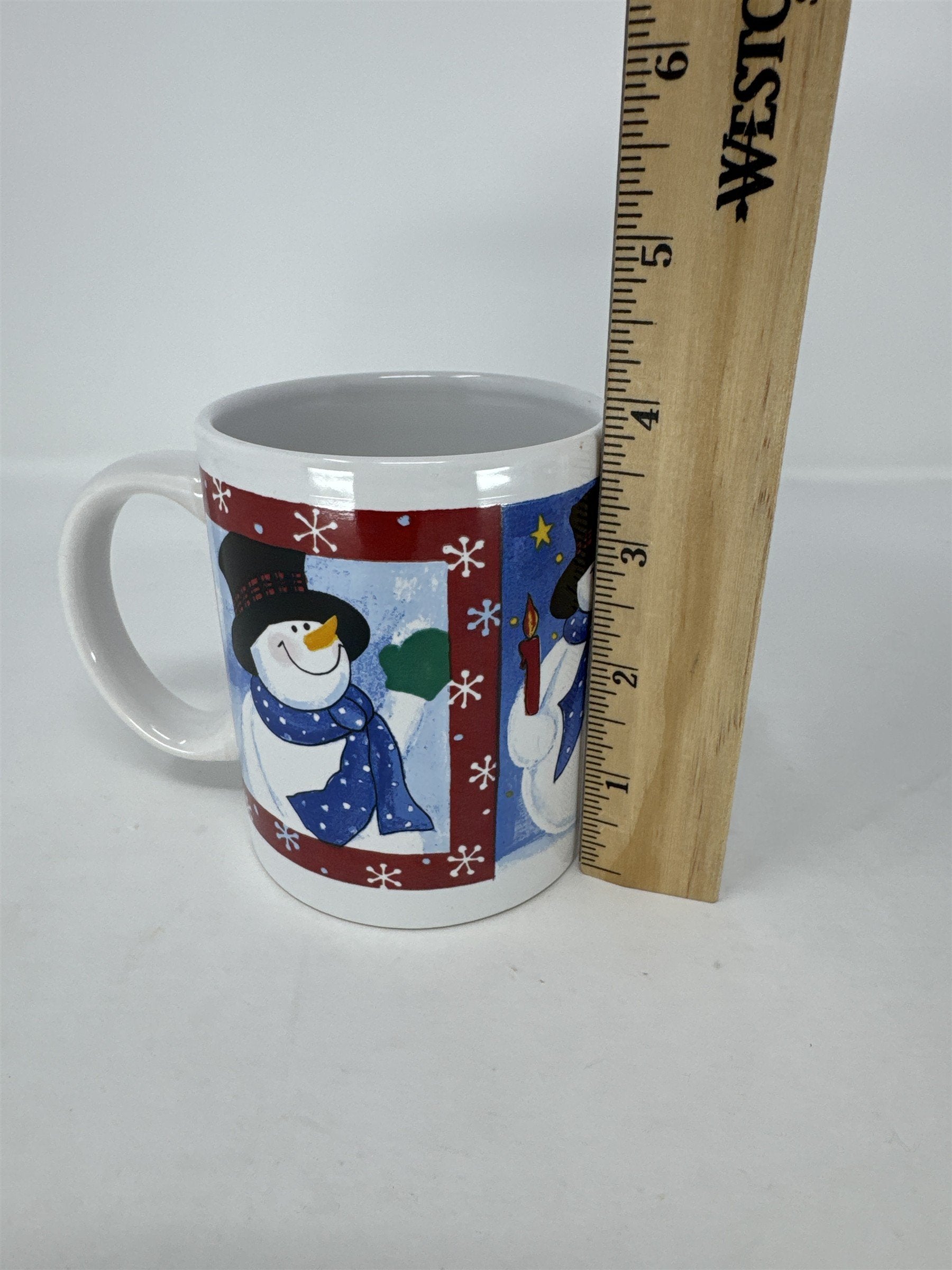 Vtg Snowman Coffee Mug Ceramic Top Hat Green Scarf Handle Christmas Holiday