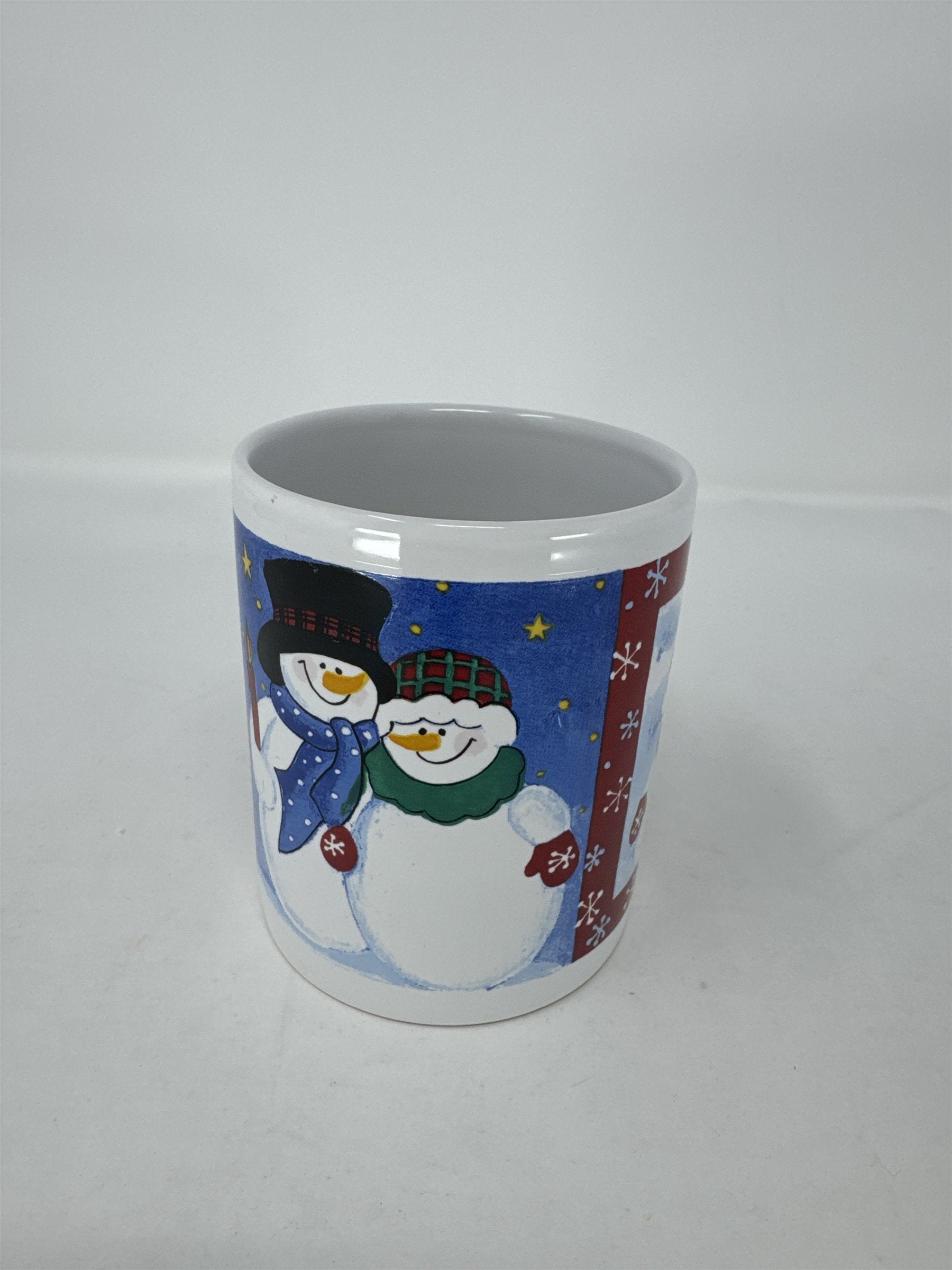 Vtg Snowman Coffee Mug Ceramic Top Hat Green Scarf Handle Christmas Holiday