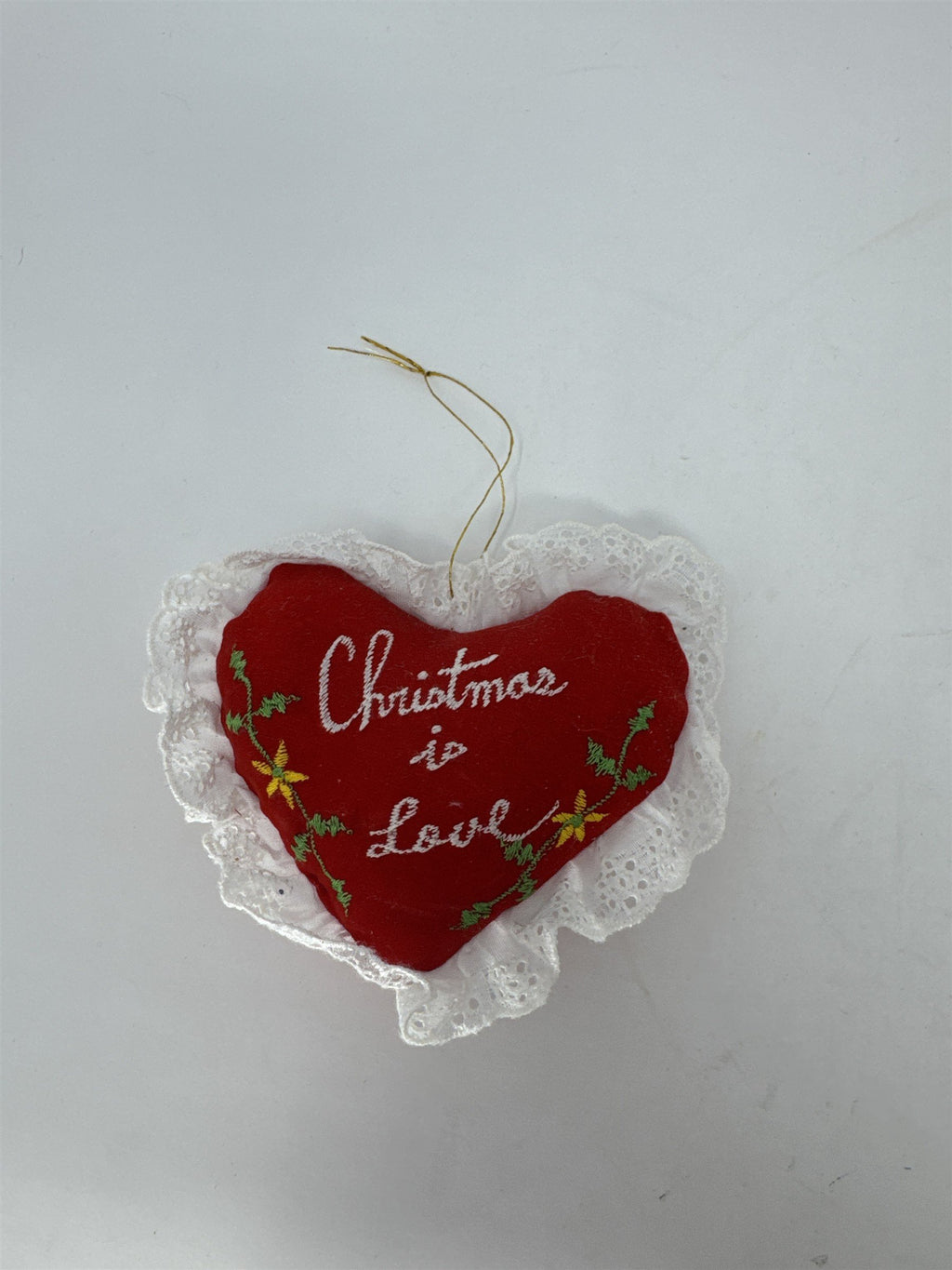 Vintage 1984 Giftco Christmas Is Love Heart Ornament Red Satin Lace Embroidery
