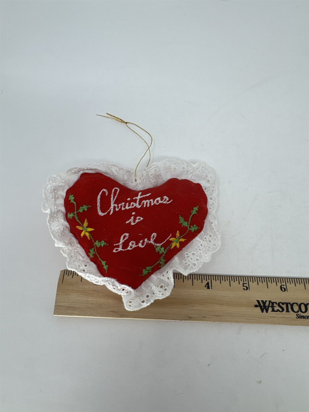 Vintage 1984 Giftco Christmas Is Love Heart Ornament Red Satin Lace Embroidery