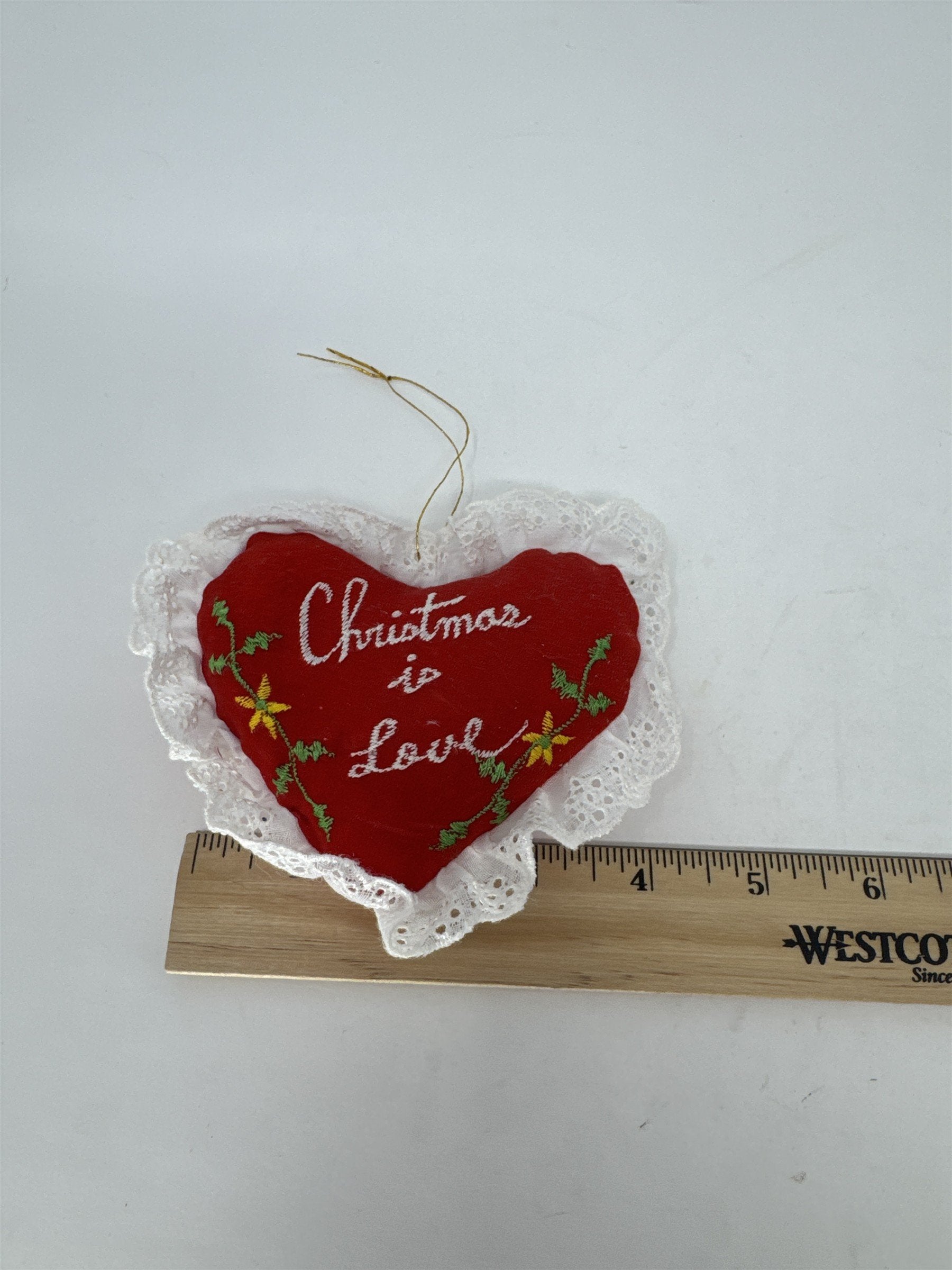 Vintage 1984 Giftco Christmas Is Love Heart Ornament Red Satin Lace Embroidery