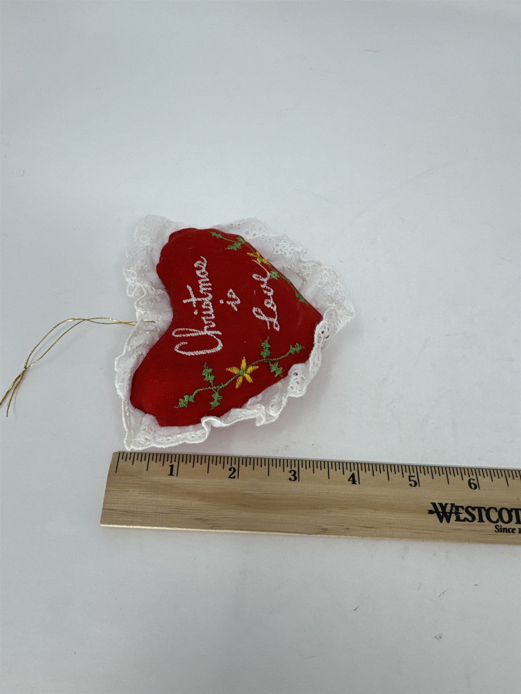 Vintage 1984 Giftco Christmas Is Love Heart Ornament Red Satin Lace Embroidery
