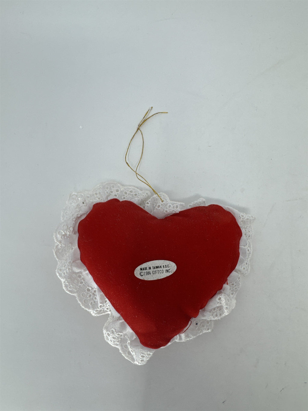 Vintage 1984 Giftco Christmas Is Love Heart Ornament Red Satin Lace Embroidery