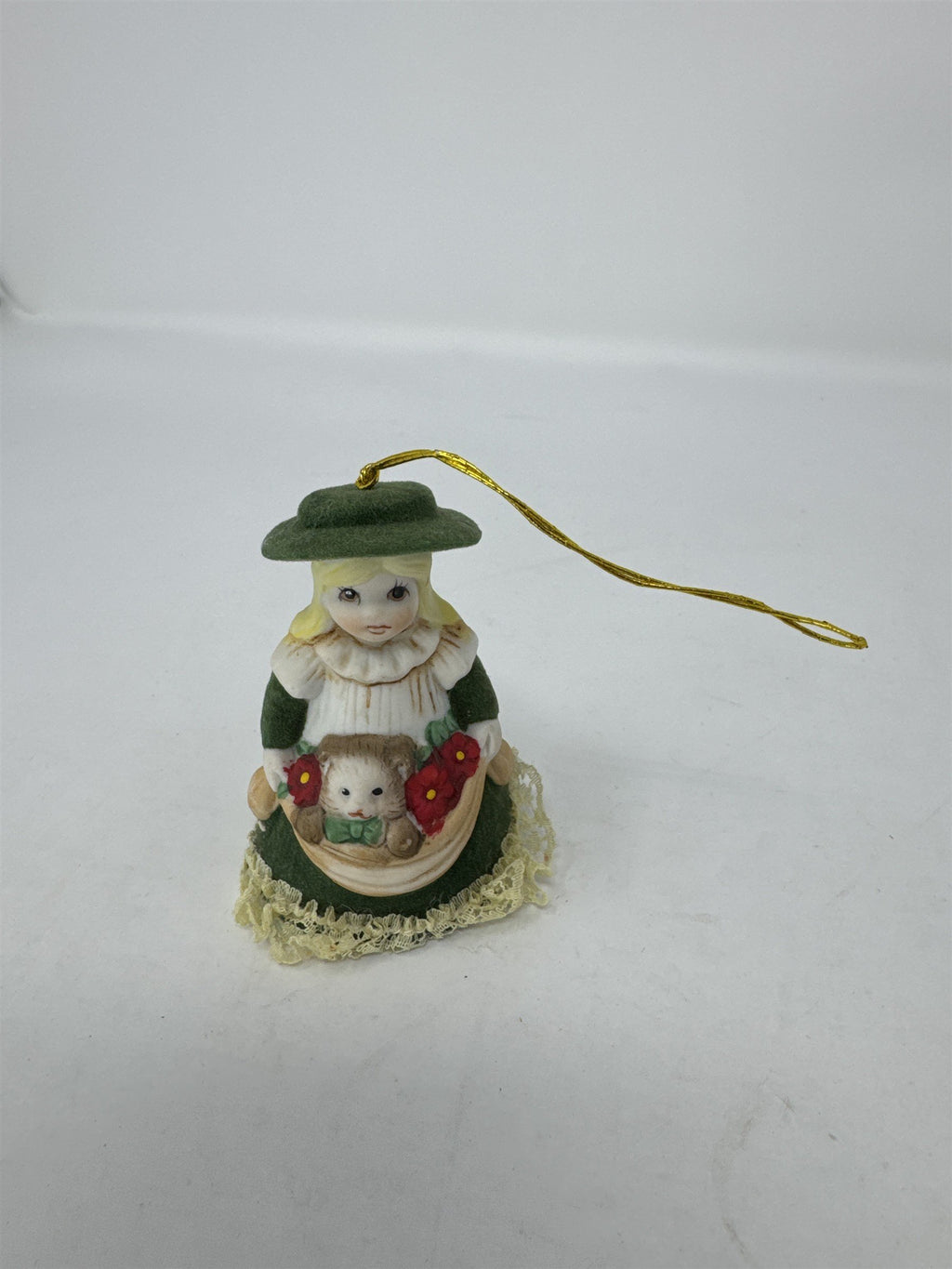 Vintage Jasco Heirloom Doll Ornament Bisque Porcelain Girl with Cat 3" (No Bell)