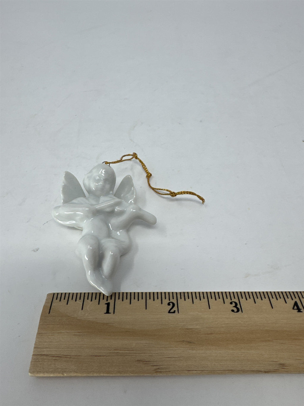 Vintage White Porcelain Cherub Angel Ornament Playing Mandolin Lute Figurine