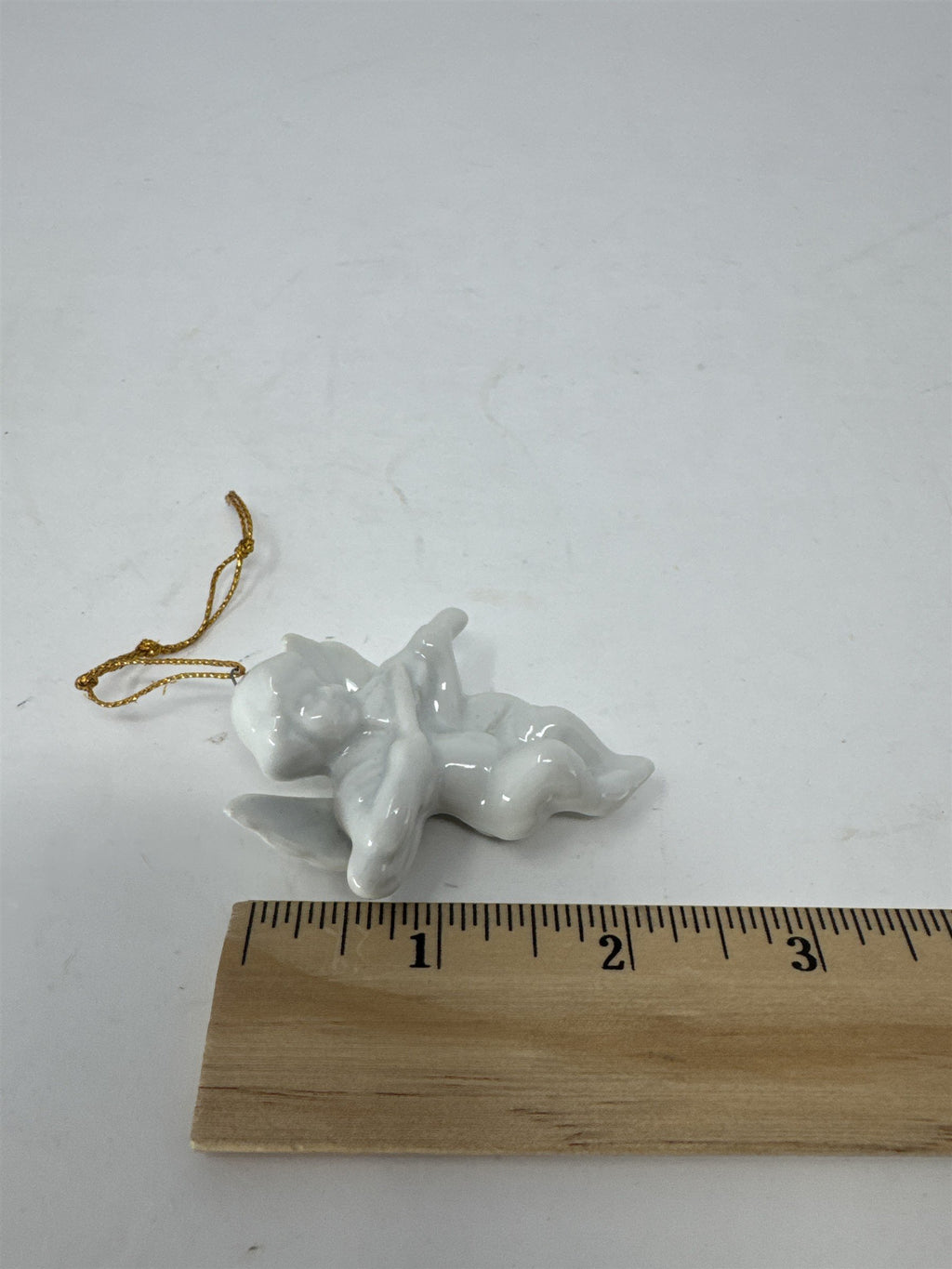 Vintage White Porcelain Cherub Angel Ornament Playing Mandolin Lute Figurine
