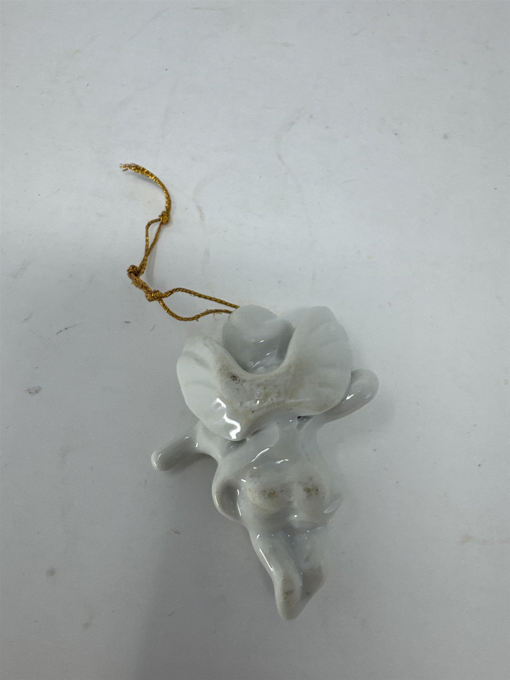Vintage White Porcelain Cherub Angel Ornament Playing Mandolin Lute Figurine